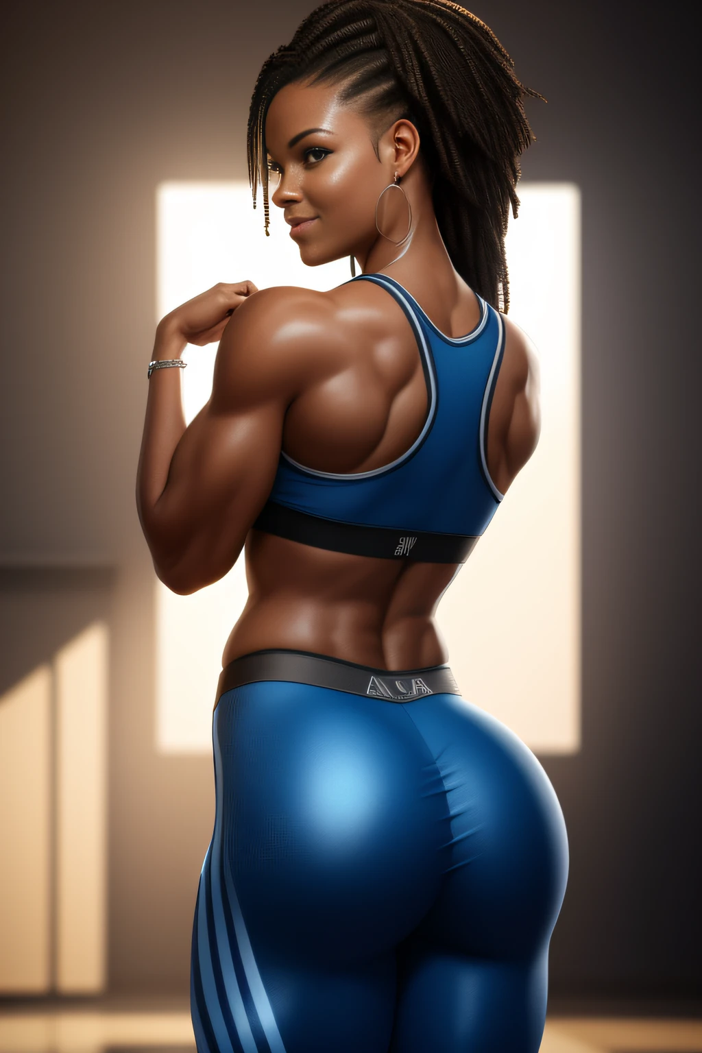 ((masterpiece)), ((best quality)), (ultra-detailed), ((extremely detailed)), 4K, (8K), best quality, (beautiful), perfect anatomy, back view, Abundant buttocks, Portrait photo of a African-American Supermodel, sports tank top, high-waisted leggings, emphasizi, Beautiful face, Beautiful eyes, dynamic posing, feminine physique, smiling, goddess, unreal engine, octane Render, cinematic lighting,