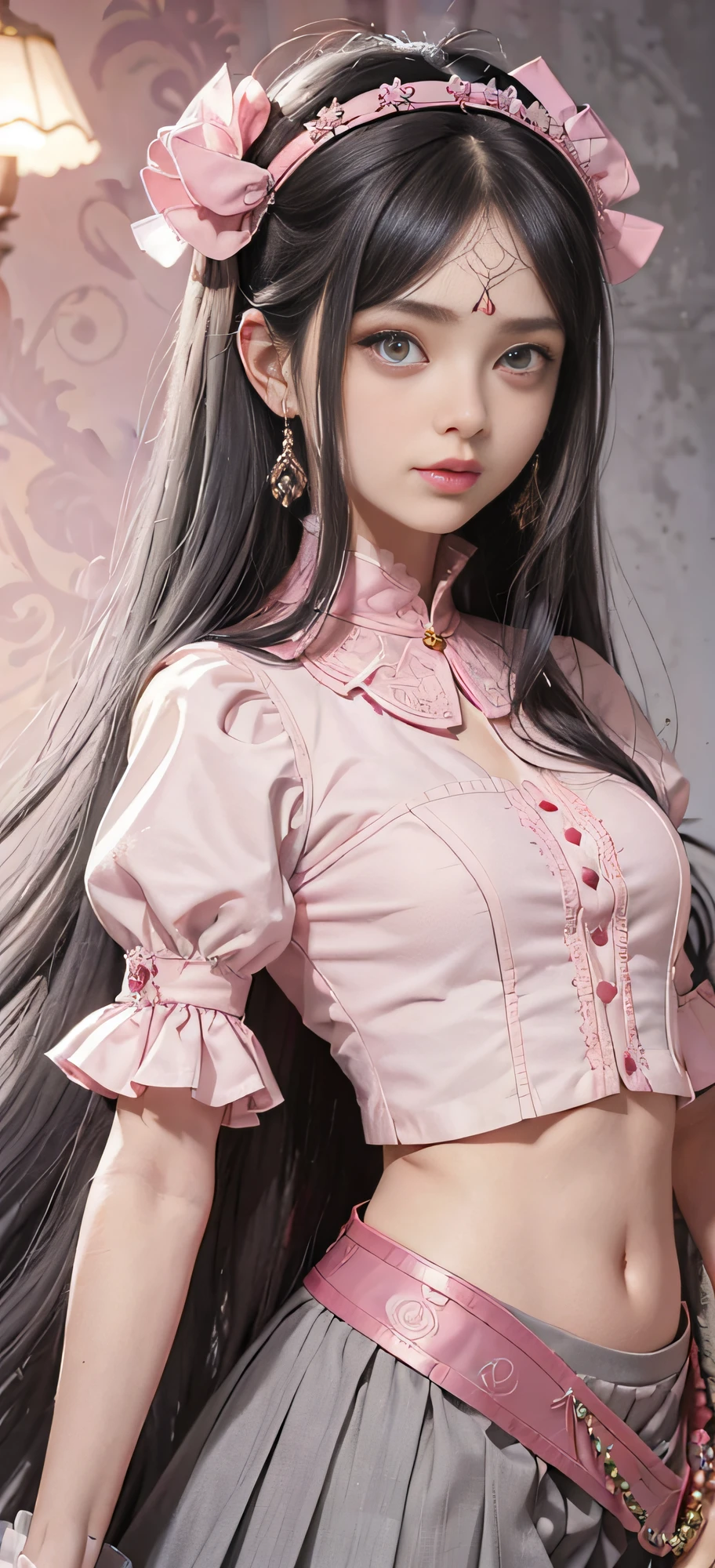 alluka zoldyck, ((masterpiece)), ((detailed image)), (intricate:1.4), 1girl, long black hair, bangs, headband across forehead, pink clothes, dark red waist ribbon, (long green skirt), small smile, expressive ((gray eyes)), extravagant indoor playroom background, pink hair beads,