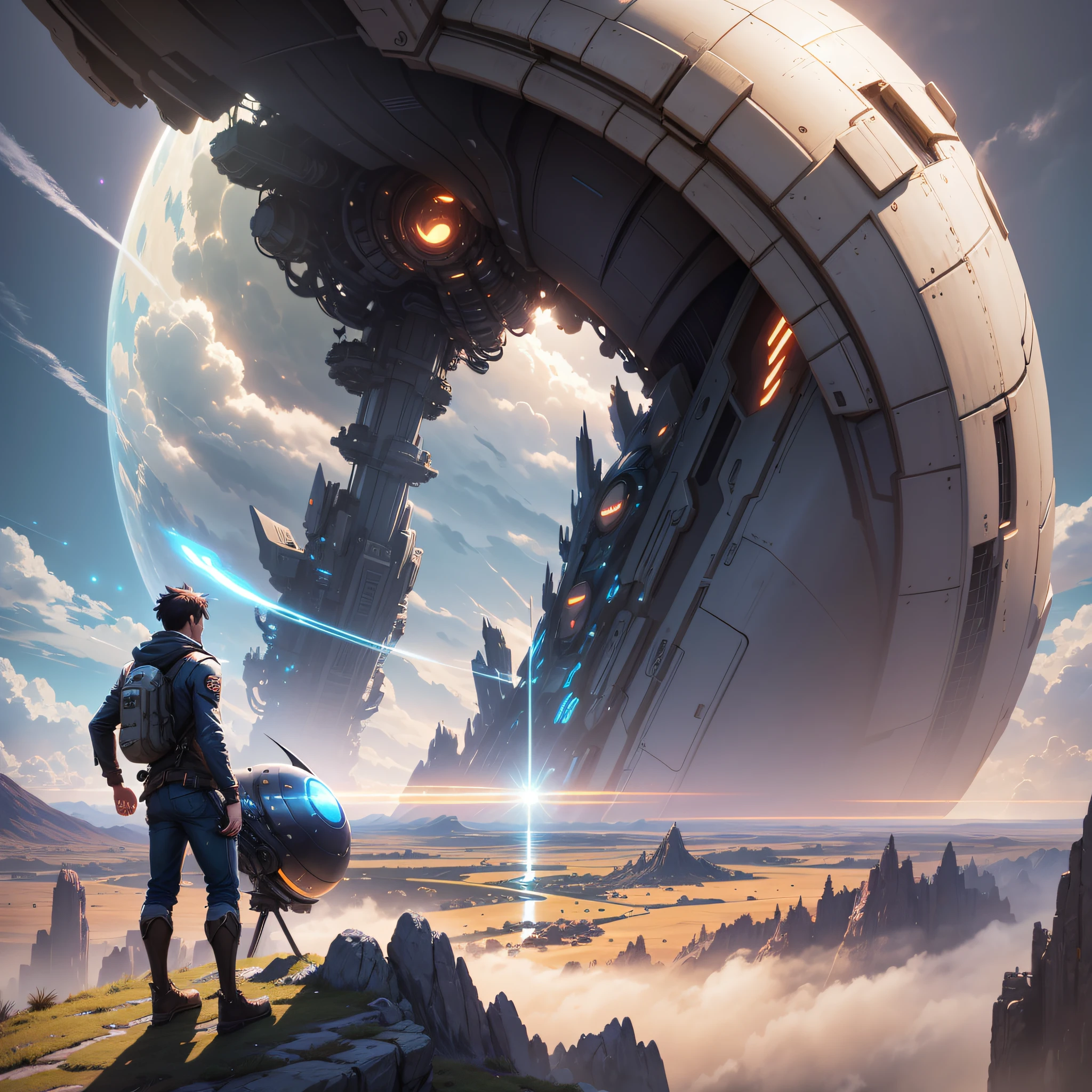A highly detailed matte painting of a man on a hill observing a giant alien alien robot, by Makoto Shinkai, by Artgerm, by WLOP, by Greg Rutkowski, volumetric lighting, octane rendering, 4K resolution, trend in ArtStation, Masterpiece --auto --s2