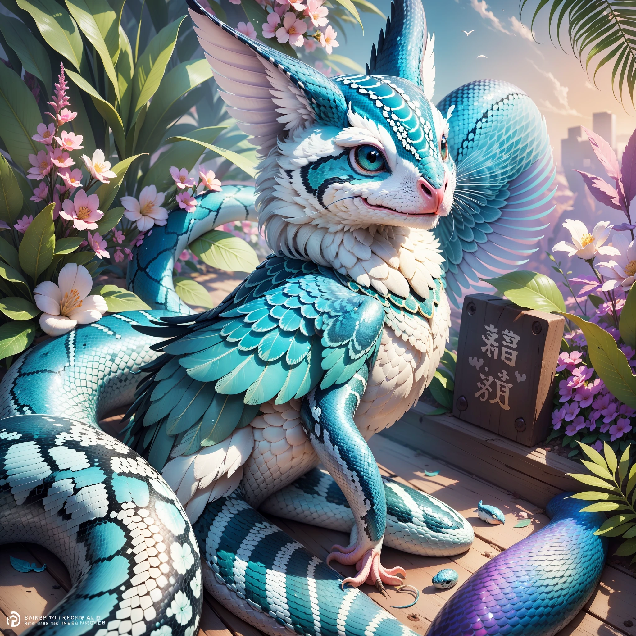 Help create an innovative image of a snake, cute shape, pleasant, kind, with feathers instead of scales, with wings, its open wings reflect the colors of the rainbow, realistic, super details, 8K, flowery paradise scenery. --auto --s2