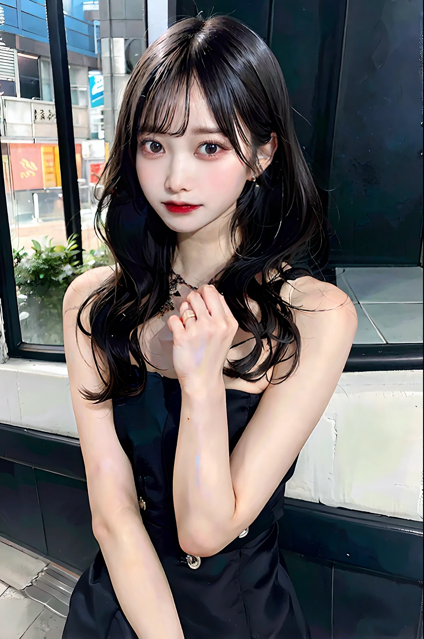 Black Hair Bob, (RAW Photo, Photorealism), (Very dark lip gloss, pitch black lipstick, so many eyelashes, pitch black eyeshadow, watery eyes, crying, angry, high quality, high resolution, depth of field, chromatic aberration, natural color, caustics, Japan person, woman,), necklace, 1 woman, choker, earrings, bracelet, soft looking big, Good style, slender figure, tips of clearly visible, full body, bare legs, see-through bra, body line is very sexy, sticking out, on duty, office worker, skin is exposed very much, the tips of are clearly visible, areola is visible, pubic area is clearly visible, crotch wide open, smallest protrusion, office, ladies' suits, suits, watches, secretaries,