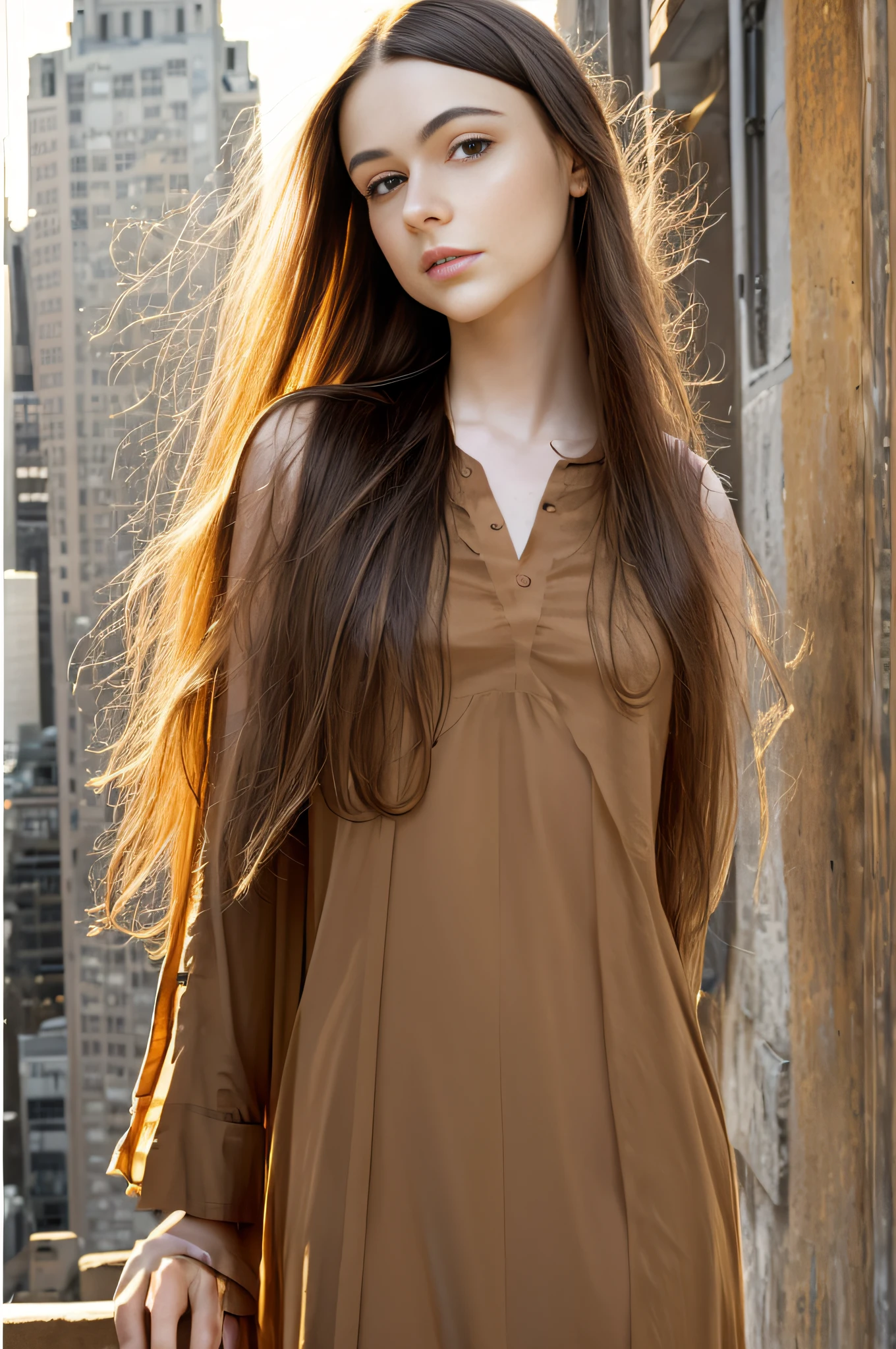 Full shot,portrait photography 1girl dasha beautiful young woman with transparent western tunic dress,long_hair, realistic, eyes visible through hair, proper eye position, natural skin, backlight, cinematic light, rim light, soft light , hips, in night time, city side background, detailed color graded background, intricate , highly detail, octane render,HDR, HD, 8k, by Annie Leibovitz