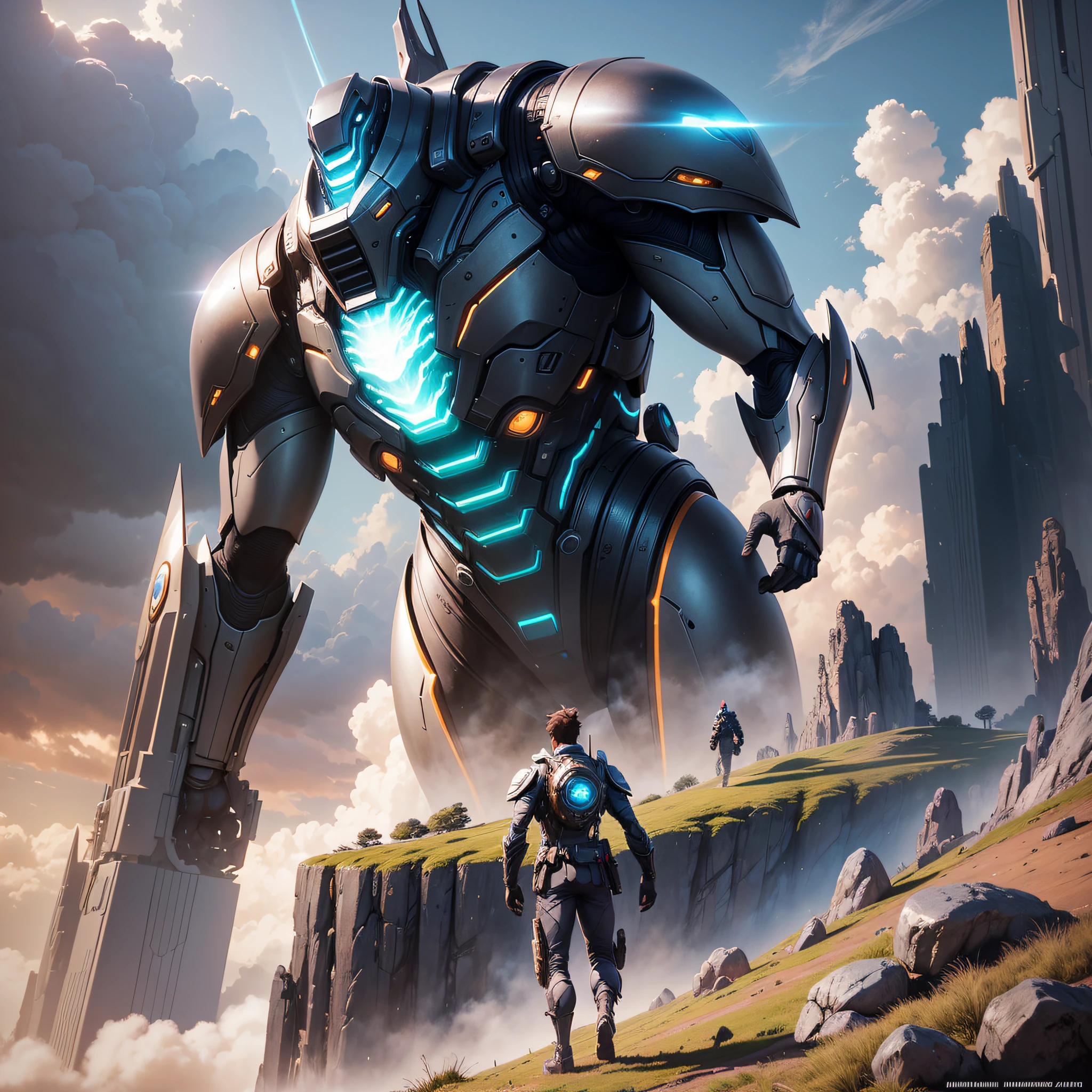A highly detailed matte painting of a man on a hill observing a giant alien alien robot, by Makoto Shinkai, by Artgerm, by WLOP, by Greg Rutkowski, volumetric lighting, octane rendering, 4K resolution, trend in ArtStation, Masterpiece --auto --s2