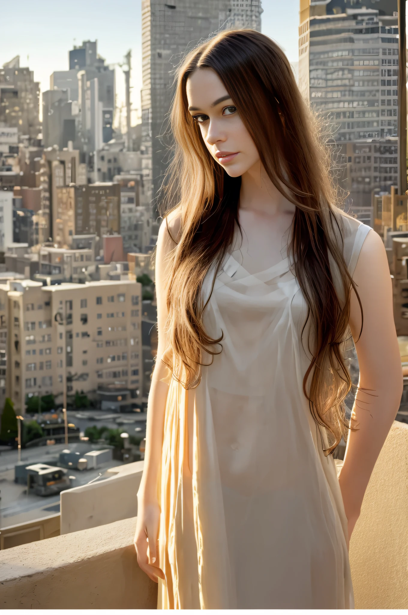 Full shot,portrait photography 1girl dasha beautiful young woman with transparent western tunic dress,long_hair, realistic, eyes visible through hair, proper eye position, natural skin, backlight, cinematic light, rim light, soft light , hips, in night time, city side background, detailed color graded background, intricate , highly detail, octane render,HDR, HD, 8k, by Annie Leibovitz