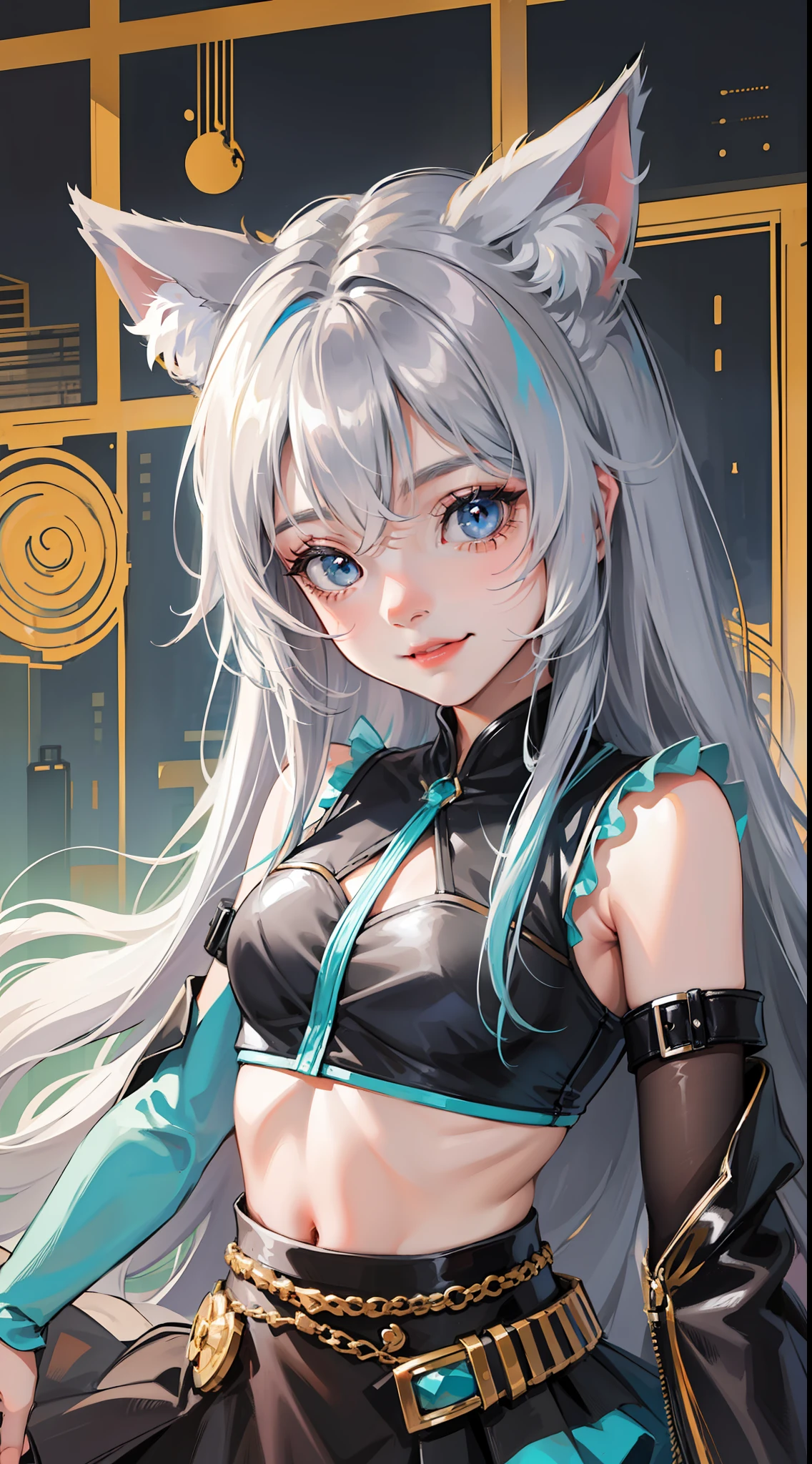 Young girl, long gray hair, turquoise eyes, cat ears, smile, fantasy sleeveless shirt, skirt, masterpiece, high quality