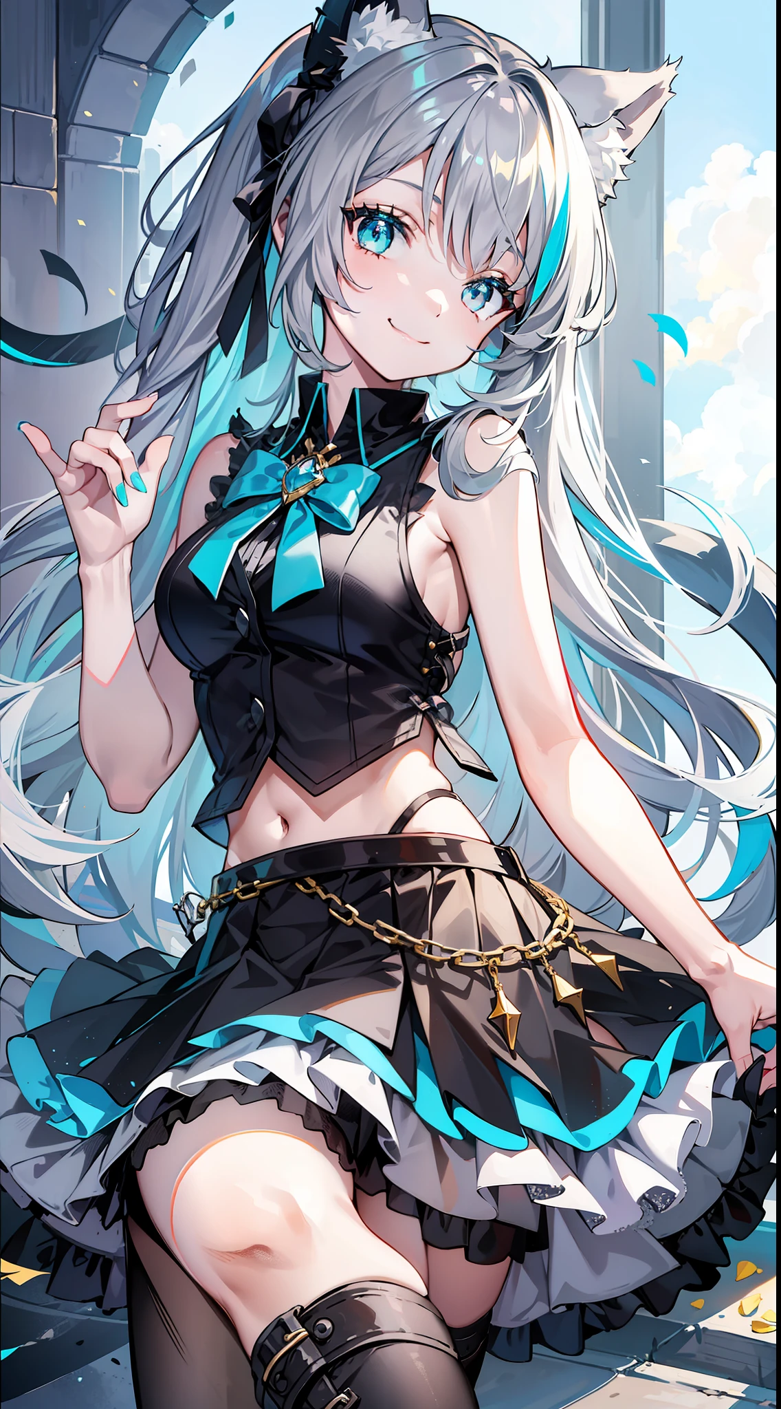 Young girl, long gray hair, turquoise eyes, cat ears, smile, fantasy sleeveless shirt, skirt, masterpiece, high quality