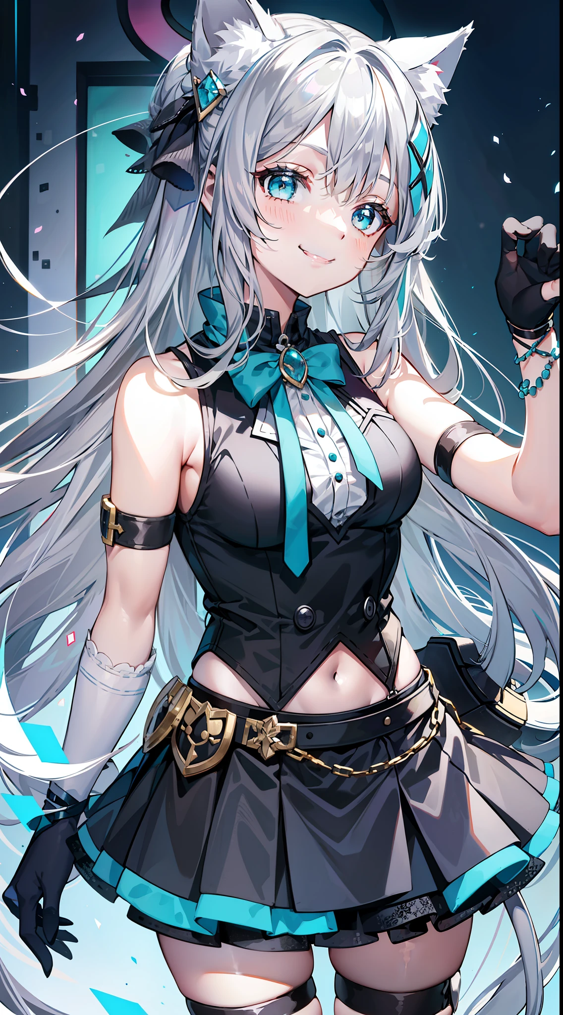 Young girl, long gray hair, turquoise eyes, cat ears, smile, fantasy sleeveless shirt, skirt, masterpiece, high quality