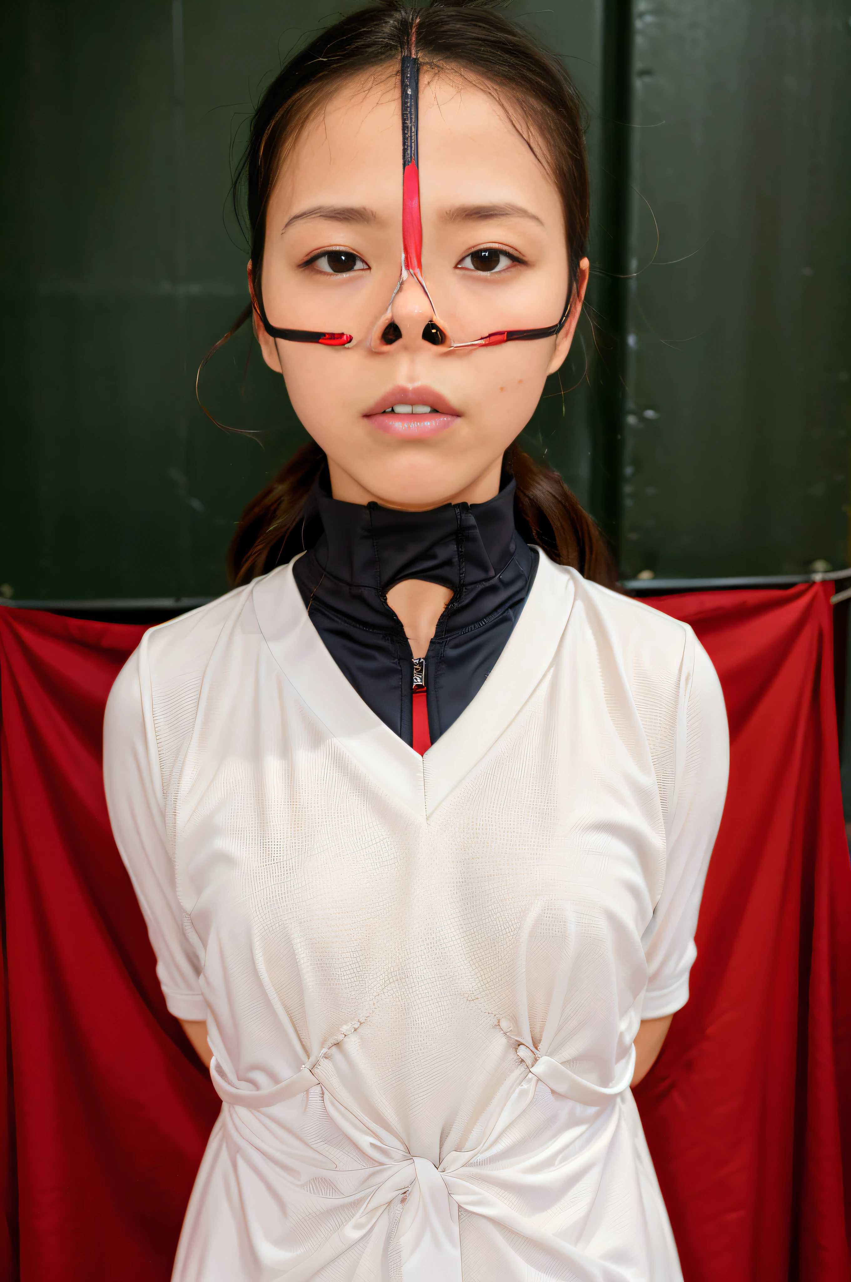 , posing for a photo (wearing volley uniform: 1.3), red uniform, skillful hands, 4K, high resolution, masterpiece, top quality, head: 1.3, (((Hasselblad photo)), fine skin, sharp focus, collarbone, soft lighting, [:( detailed face: 1.2):0.2], (in the volleyball field))), outside, delicate body, small hips, thin waist , Top quality, Nasal nose, slender, thigh gap, petite figure, (thigh: 0.1), thin waist, thin lips, (shoulder width: 0.07), beautiful face, (waist: 0.07), (neck: 0.001), (greater trochanter: 0.09), (anterior iliac spine: 0.008), (torso length: 4), (on clothes: 3), (arm span: -6), small hands, arm sleeve