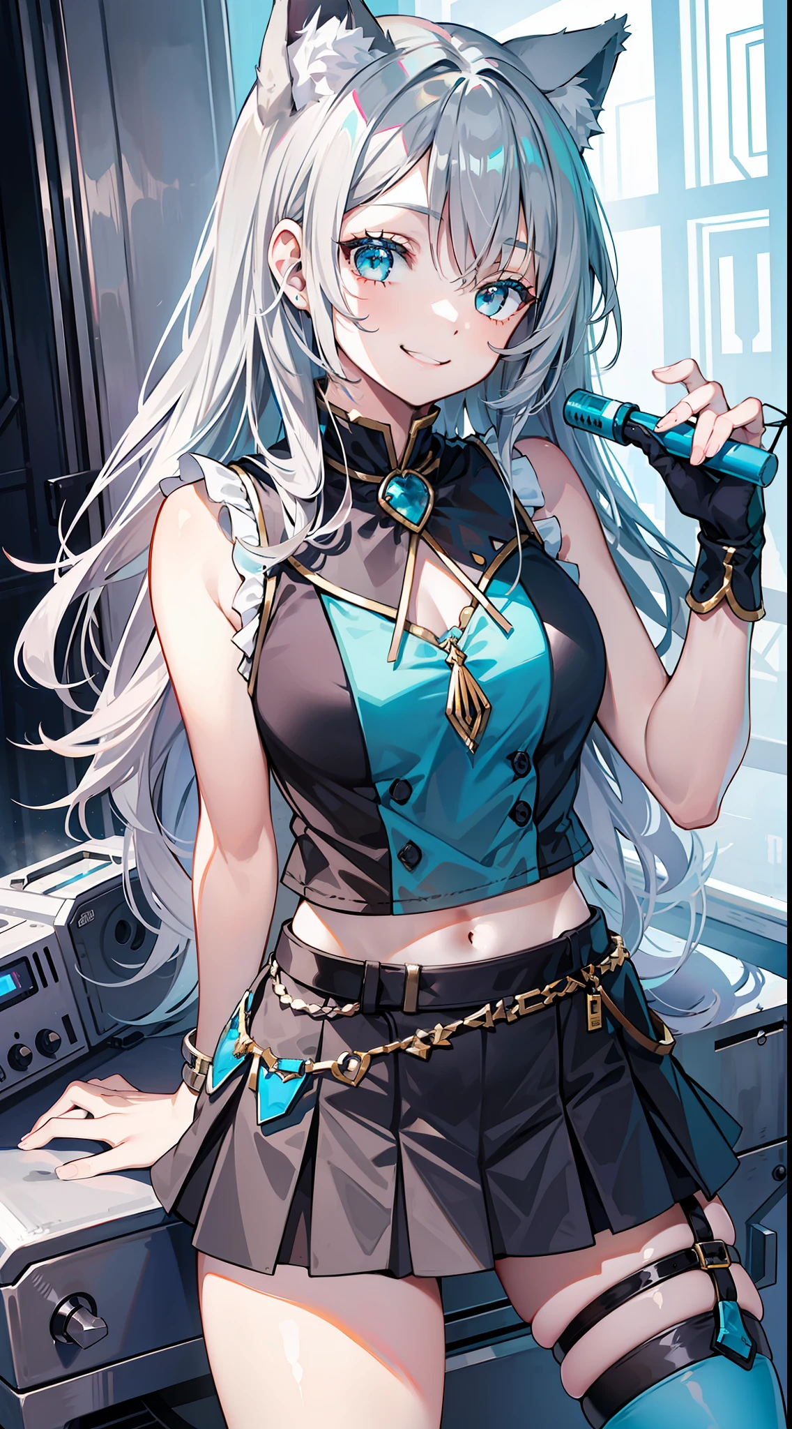 Young girl, long gray hair, turquoise eyes, cat ears, smile, fantasy sleeveless shirt, skirt, masterpiece, high quality