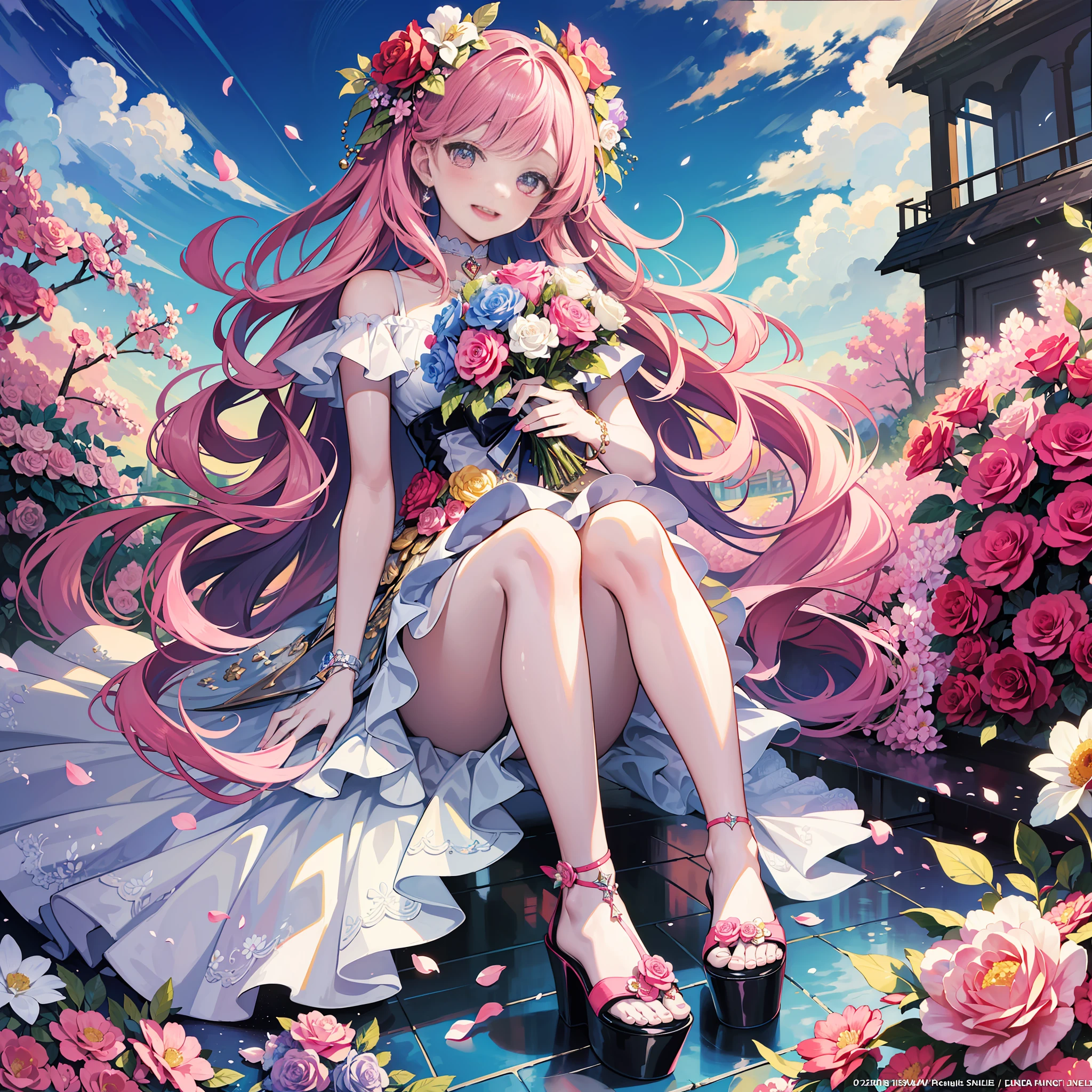 (masterpiece, top quality, highest quality, official art, beautiful aesthetics, 1 woman, : 1.2), 1 girl, shining jewel-like eyes, happy expression, beautiful face, kind, happy, happy, holding a bouquet, casual clothes, pink long hair, high heel sandals, see here, park full of flowers, 8k wallpaper