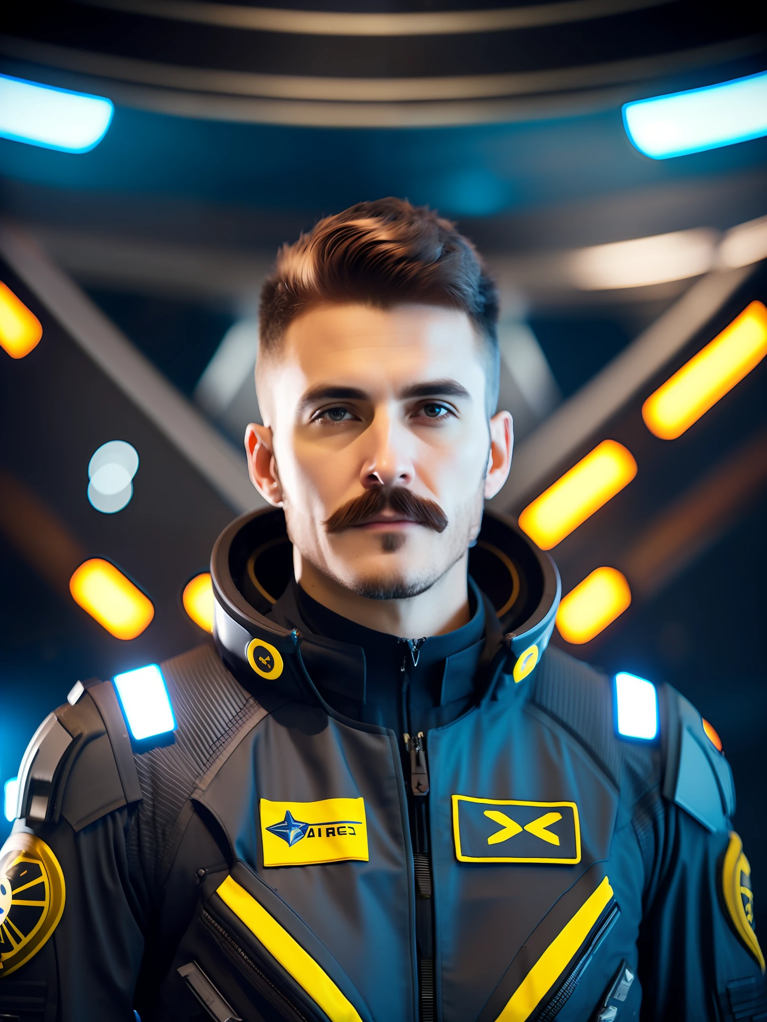 award-winning photo of man with mustache and black flight suit with yellow accents, brown hair, (gray eyes: 1.35), square jaw, asymmetrical face, standing in front of a window in a spaceship, 80mm, bokeh , mass effect , close-up, fking_cinema_v2