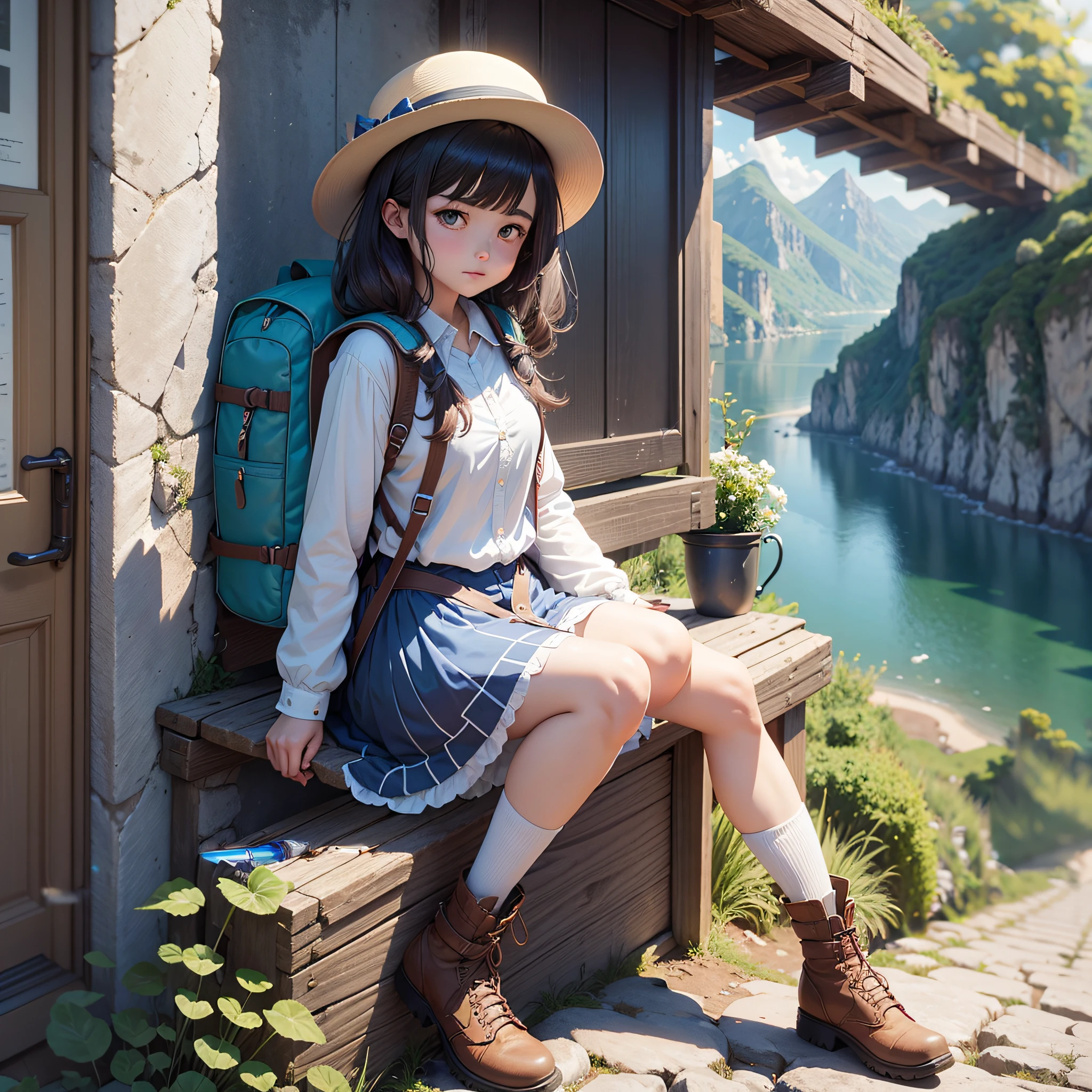 /imagine prompt: Alice puts on her backpack and embarks on a journey to the mysterious island. She walks on a steep mountain road, with a towering mountain behind her and an endless sea beneath her feet, by Manhua --niji 5 --auto --s2
