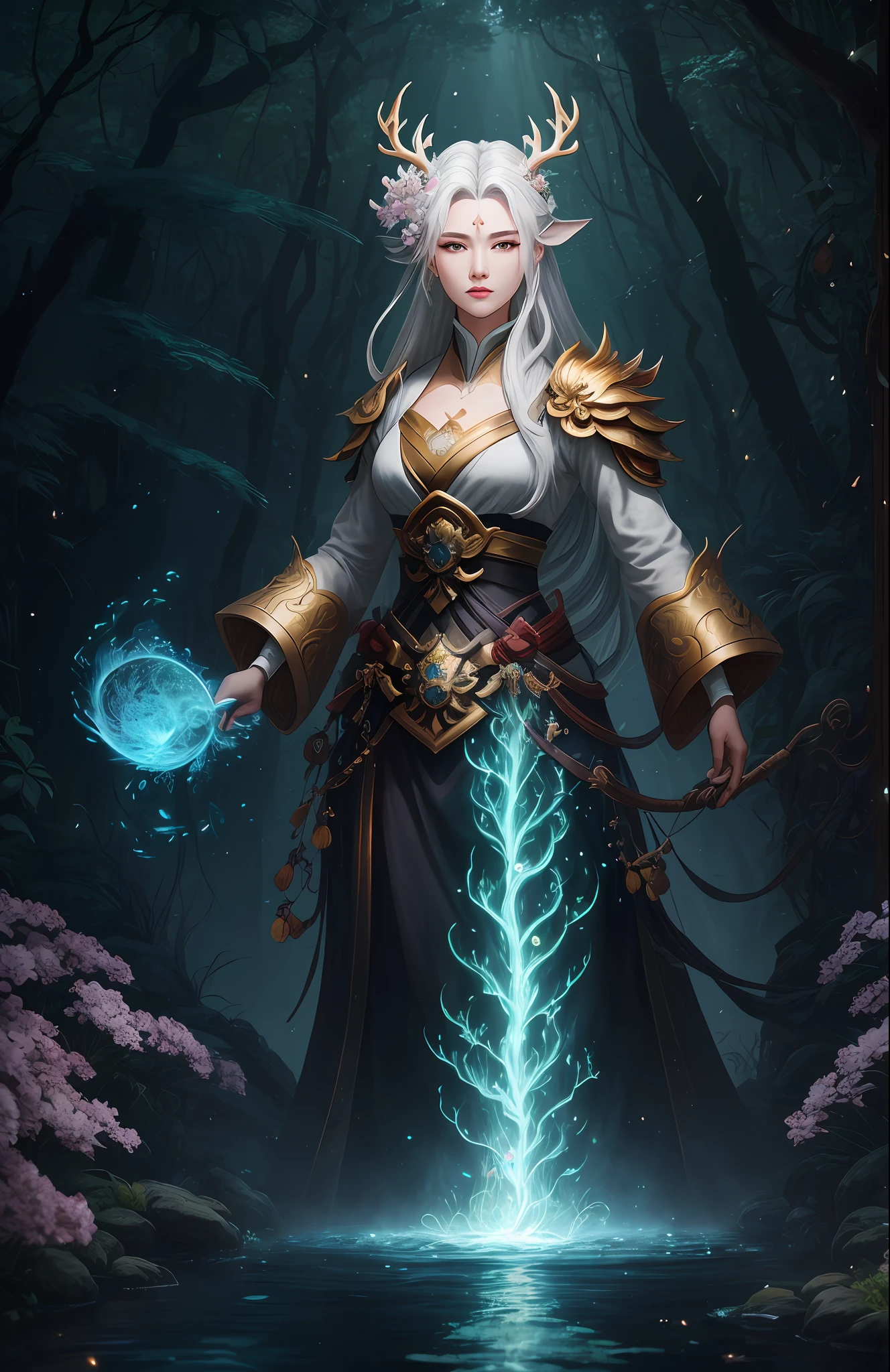 Masterpiece, best quality, (very detailed CG unified 8k wallpaper), (best quality), (best illustration), (best shadow), close-up of a beauty with white hair and white mask, beautiful figure painting, Guvitz, Guwiz style artwork, white-haired god, Yang J, epic exquisite character art, amazing character art, Fan Qi, Wu Zhun Shifan, Guwiz in pixiv art station, glowing elf, with a glowing deer, drinking water in the pool, Natural elements in forest theme. Mysterious forest, beautiful forest, nature, surrounded by flowers, delicate leaves and branches surrounded by fireflies (natural elements), (jungle theme), (leaves), (branches), (fireflies), (particle effects) and other 3D, Octane rendering, ray tracing, super detailed