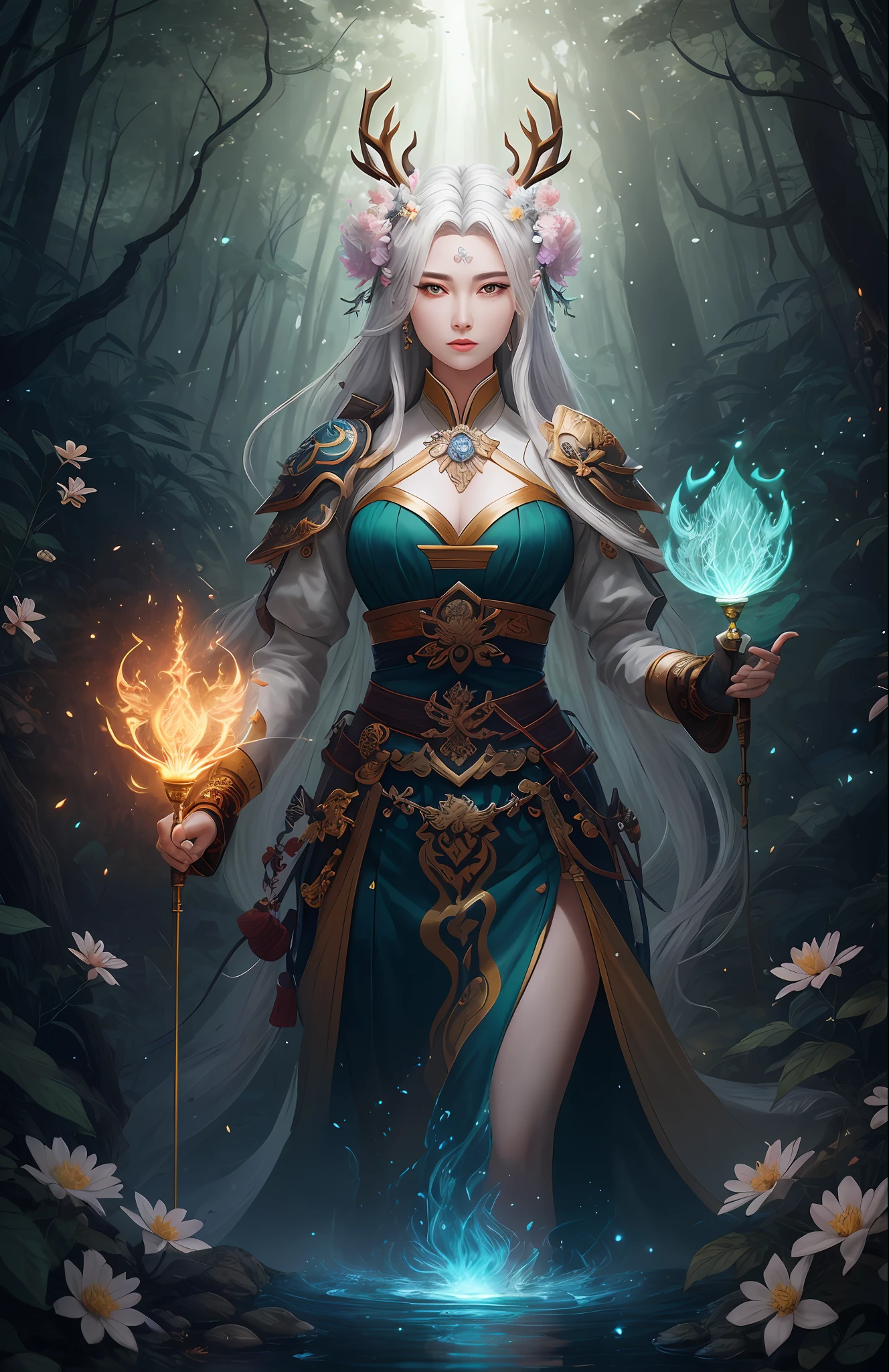Masterpiece, best quality, (very detailed CG unified 8k wallpaper), (best quality), (best illustration), (best shadow), close-up of a beauty with white hair and white mask, beautiful figure painting, Guvitz, Guwiz style artwork, white-haired god, Yang J, epic exquisite character art, amazing character art, Fan Qi, Wu Zhun Shifan, Guwiz in pixiv art station, glowing elf, with a glowing deer, drinking water in the pool, Natural elements in forest theme. Mysterious forest, beautiful forest, nature, surrounded by flowers, delicate leaves and branches surrounded by fireflies (natural elements), (jungle theme), (leaves), (branches), (fireflies), (particle effects) and other 3D, Octane rendering, ray tracing, super detailed