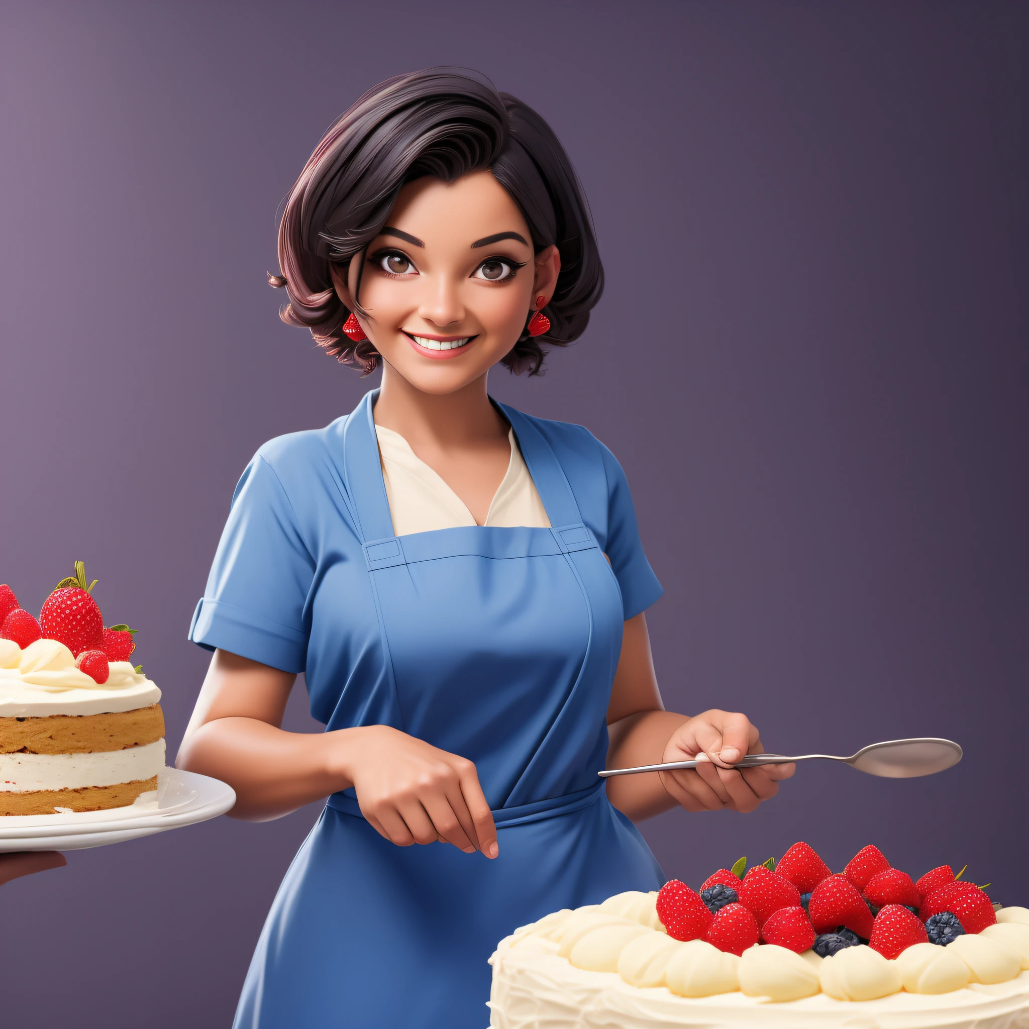 33 year old girl india brazil short hair mini cook smiling making cake decorated with red fruits,smiling looking with chef's outfit in a kitchen, gray background and infinite blue blurred cinematografico