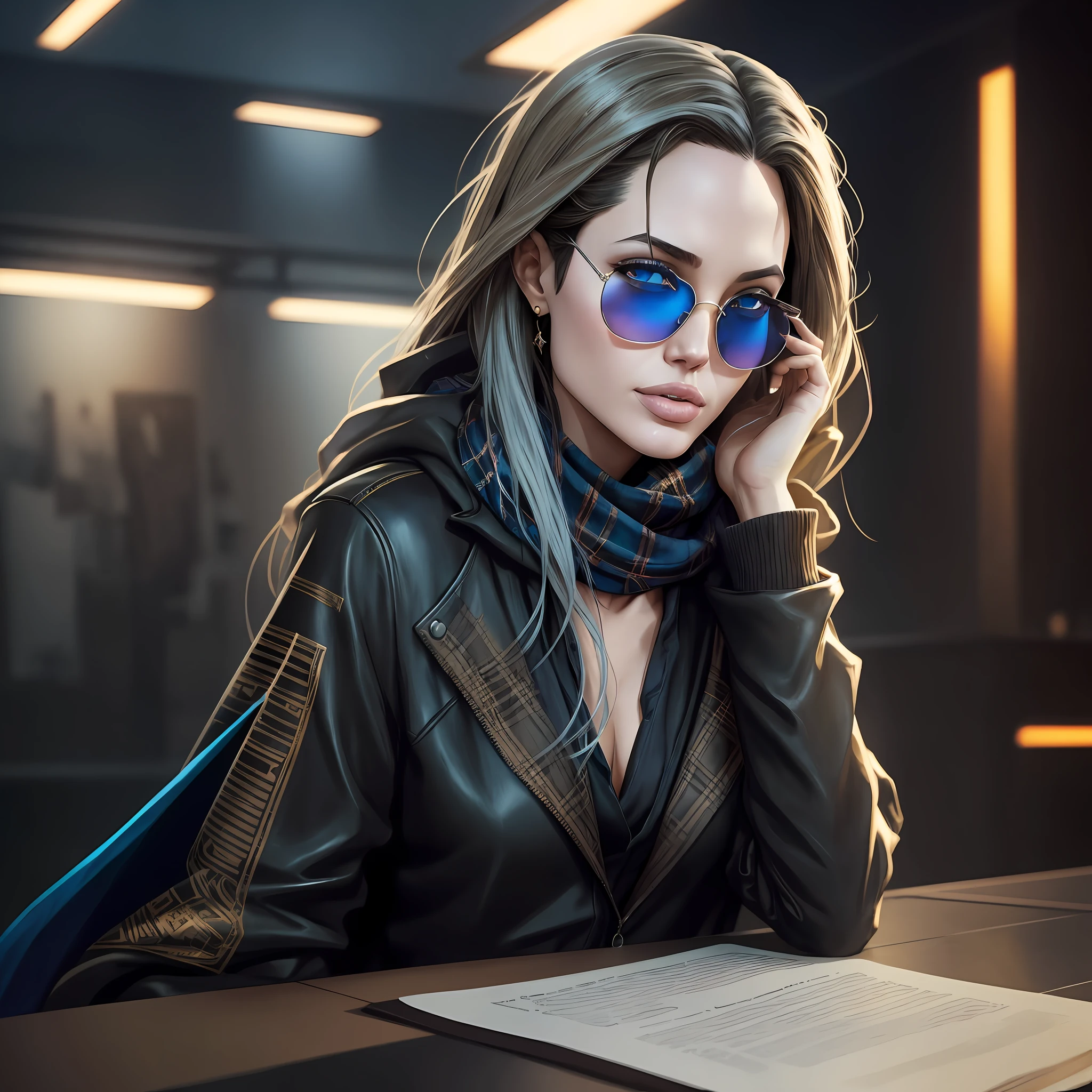 Angelina Jolie Dark photo: With her body covered, sitting at a table, realistic epic, halo portrait, sunglasses, eyeglasses, blue eyes, plaid scarf, white hair by Atey Ghailan, by Greg Rutkowski, by Greg Tocchini, by James Gilleard, by Joe Fenton, by Kaethe Butcher, yellow gradient, black, brown and magenta color scheme, grunge aesthetic!!! Graffiti brand wall background, art by Greg Rutkowski and Artgerm, soft cinematic light, Adobe Lightroom, Photo Lab, HDR, intricate, highly detailed, (depth of field: 1.4), faded, (neutral colors: 1.2), (HDR: 1.4), (soft colors:1.2), hyperdetailed, (Artstation:1.4), cinematic, warm lights, dramatic light, (intricate details:1.1), complex background, (Rutkowski:0.66), (blue and orange:0.4) --auto --s2