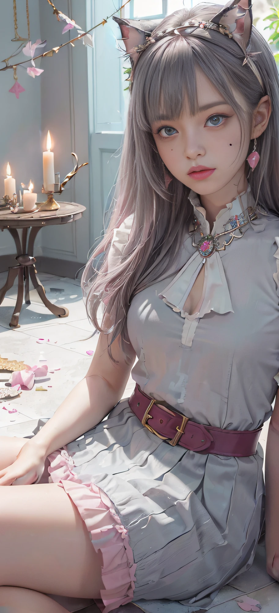 Aluka Zordik, ((Masterpiece), (Detailed image), (Complex: 1.4), 1 girl, long black hair, bangs, headband straddled forehead, pink clothes, crimson belt, (long green skirt), small laugh, expressive ((gray eyes)), luxurious indoor playroom background, pink hair beads, realistic face perfectly combined with fictional background clothes, centered (lanterns, candles, cranes, dragons, cats, dogs, birds, artwork, porcelain tiles, broken and colorful fabrics fluttering in the sky, Colorful light, random wiggling hair, antique porcelain, random pieces of paper and cloth petals on the ground)