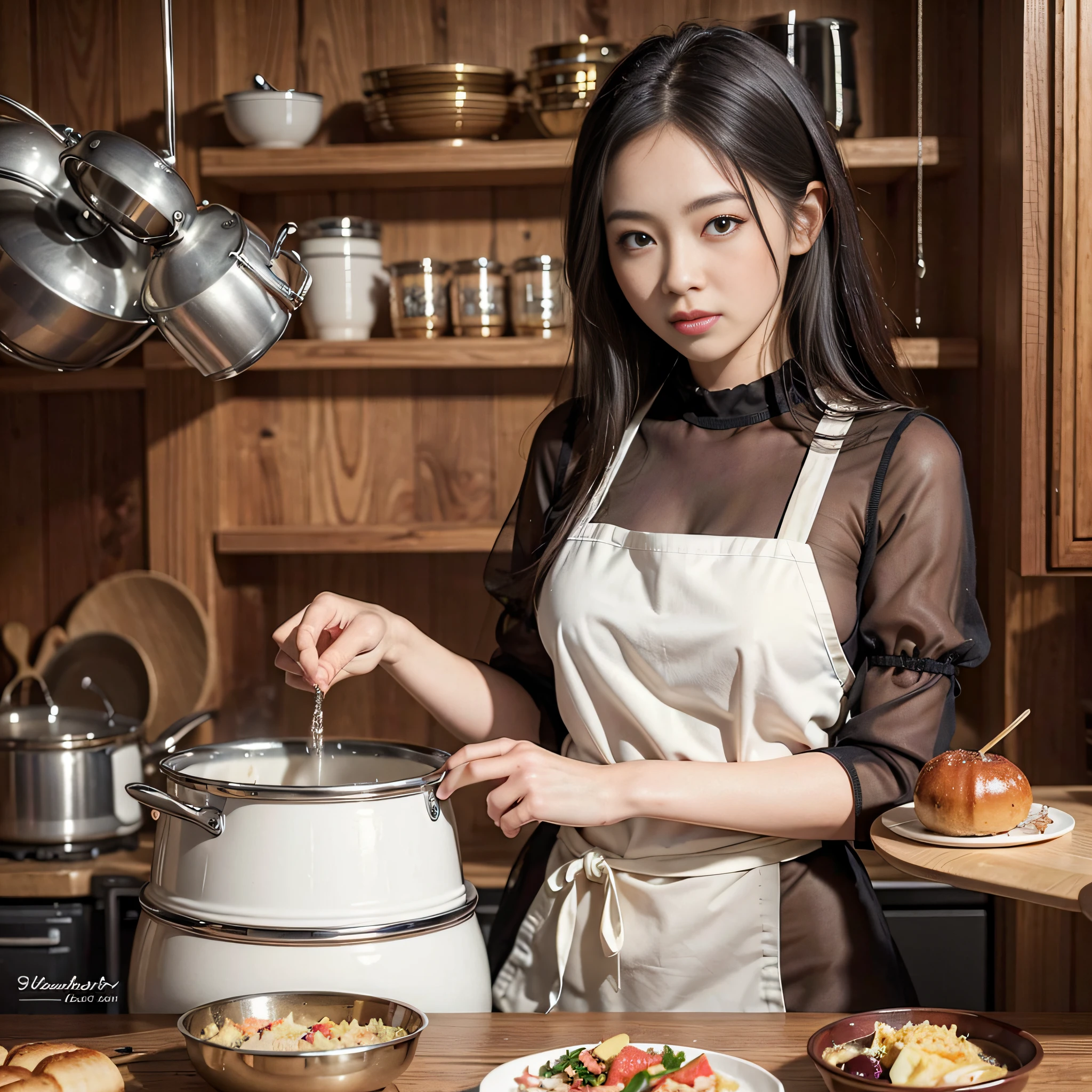 (masterpiece), super detail, top quality, high resolution, beautiful woman, apron, bare skin, blush, seductive eyes, cooking, steam, pot, kitchen, sensual and warm atmosphere.16K,