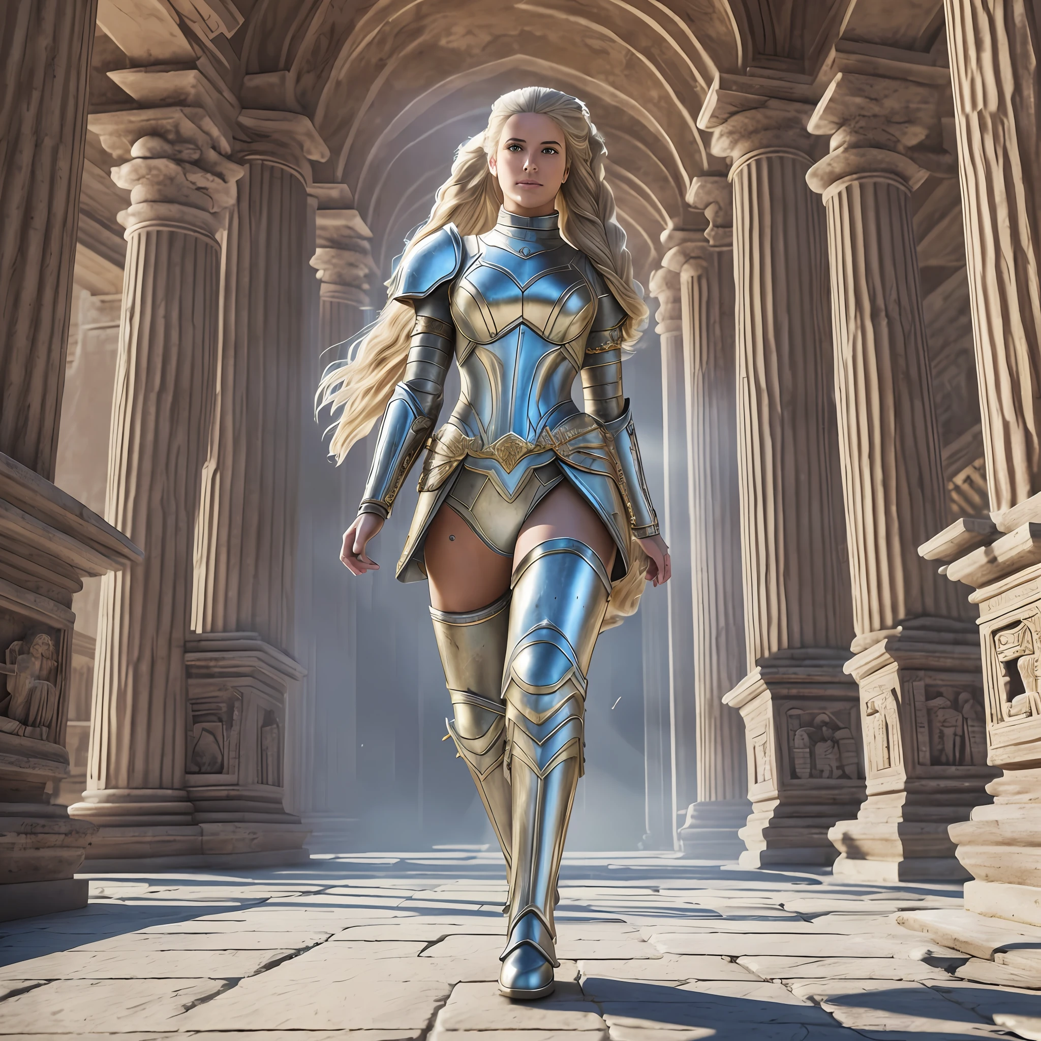 (8K, best quality: 1.2), (masterpiece: 1.37), (photo, photorealistic: 1.37), (ultra-high resolution), full body, walking pose, front shot, slow motion, female paladin using body full, (light silver armor: 1.2),(richly decorated armor), (amazingly detailed, bloom: 1.5), (high quality, Alessandro Casagrande, Greg Rutkowski, Sally Mann, concept art, 4k), 1.2), (high sharpness ), (detailed students: 1.1), detailed face and eyes, Masterpiece, best quality, (highly detailed photo: 1.1), (long blonde hair, ponytail, ecstatic: 1.1), (young: 1.1) , sharp, (perfect body:1.1), realistic, real shadow, 3d, (temple background:1.2), (by Michelangelo), photographed by Canan EOS R6, 135mm, 1/1250s, f/2.8, ISO 400