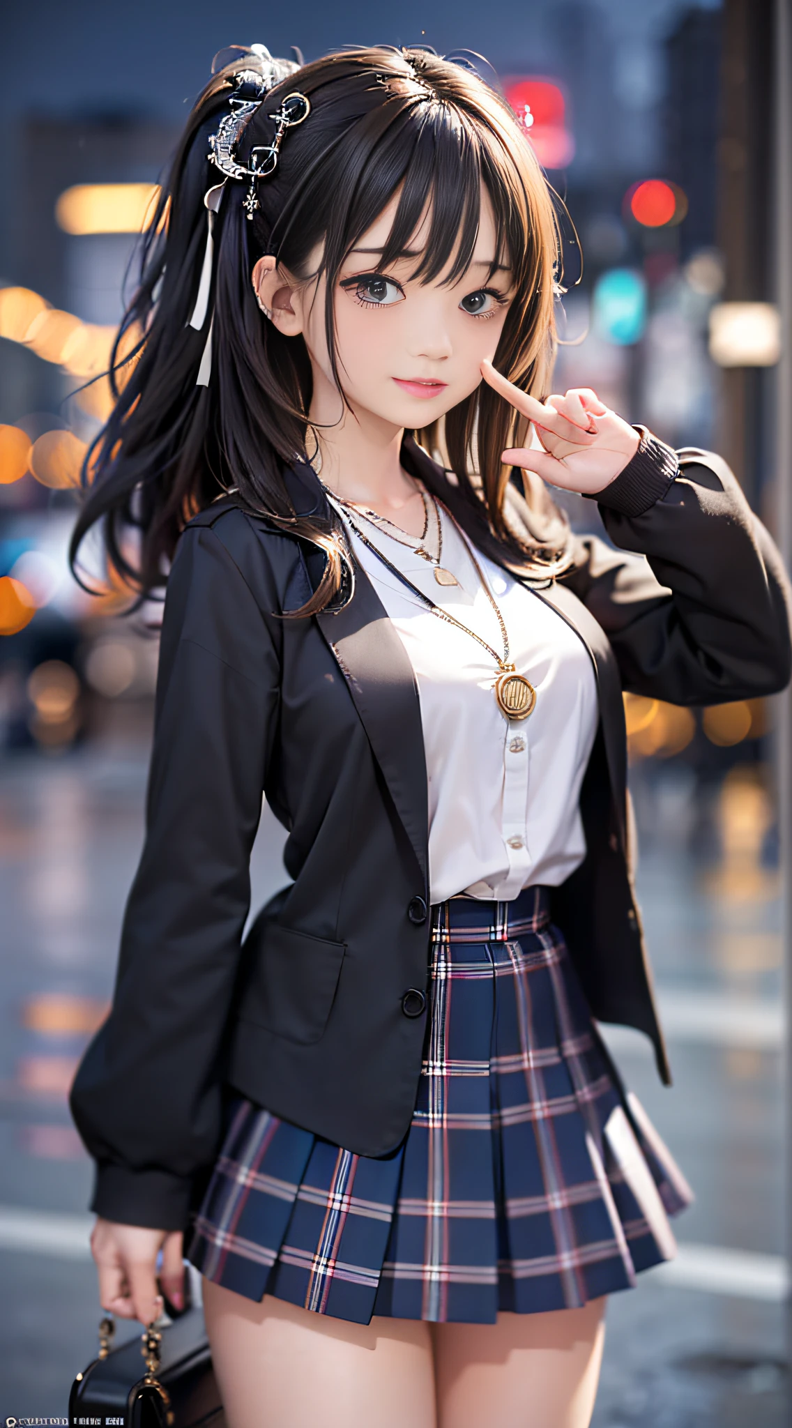 (8k, best quality, masterpiece: 1.2), 1girl, hair ornament, portrait, (school uniform, plaid skirt: 1.1), necklace, blue nails, cute, cityscape, night, rain, wet, professional lighting, photon mapping, radio, body display,(adult female:1.3), (intricate details, taut clothes, hair accessories: 1.2),