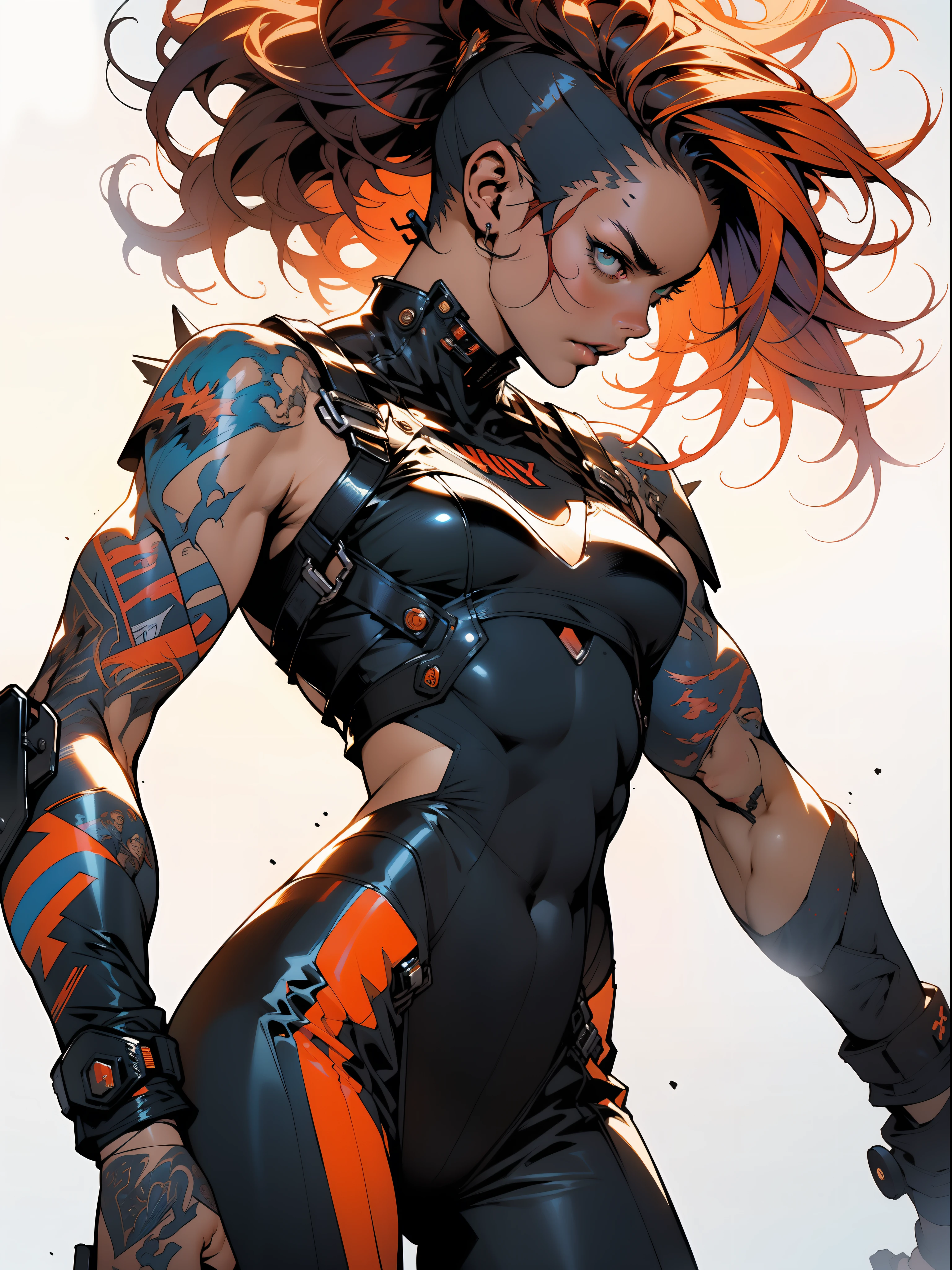 (((woman))), (((best quality))), (((masterpiece))), (((adult))), A muscular 35-year-old warrior woman nearly naked in Simon Bisley's urban savage style for the cover of Heavy Metal magazine, colorful mohawk hair, Minimal clothing, orange and blue carbon fiber armor full of ink-stained spikes and rivets,