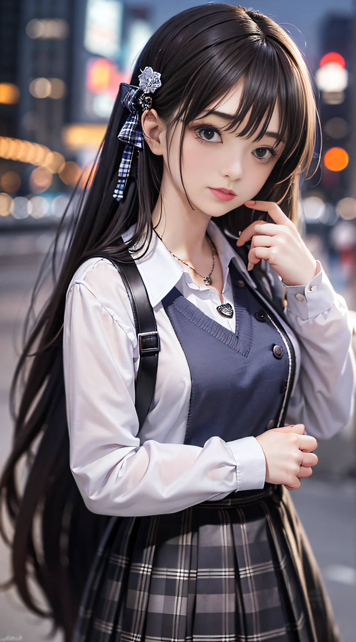 (8k, best quality, masterpiece: 1.2), 1girl, hair ornament, portrait, (school uniform, plaid skirt: 1.1), necklace, blue nails, cute, cityscape, night, rain, wet, professional lighting, photon mapping, radio, body display,(adult female:1.3), (intricate details, taut clothes, hair accessories: 1.2),