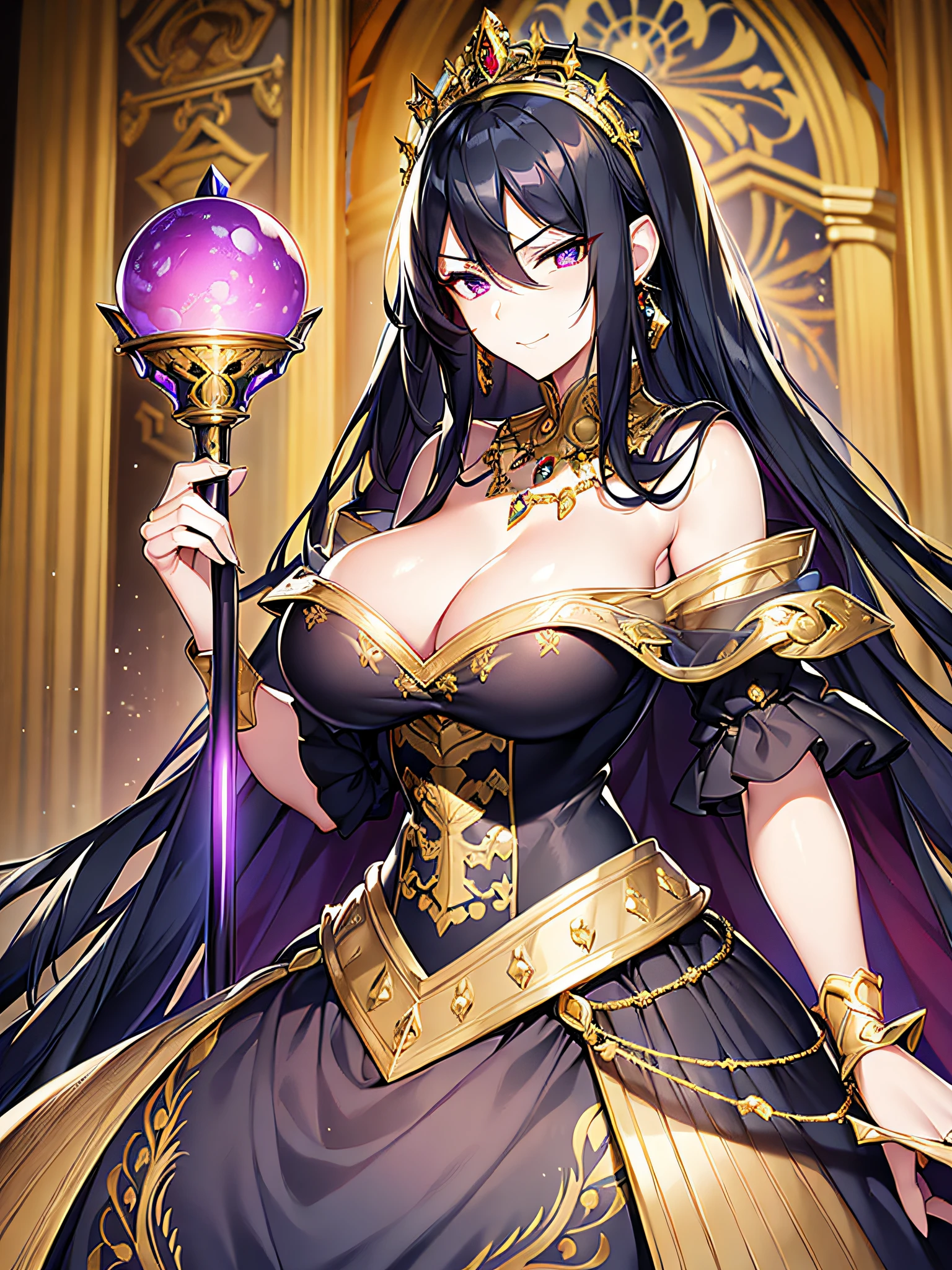 ((anime moe artstyle)),((Masterpiece)), (Best Quality), (Super Detail), Illustration, (((Very Delicate and Beautiful))),Dynamic Angle,Looking at viewer,((((Solo)))),(((Full body))),(((1 arrogant cute empress in gorgeous black ball gown))),((holding a scepter in one hand)),(standing),dominant pose,(arrogant),(((haughty smile))),Purple eyes,(Sharp eyes),Detailed Face, Long Eyelashes,Jet Black Hair,Straight Hair,((Very Long Hair)),Bangs between eyes,((((gigantic breasts)))),cleavage,((skindentation)),curvy,off shoulder,See-through,(gorgeous embroidered ruffled black and gold rococo ball gown),(fluffy rococo ball gown with gorgeous embroidery),((gold trim)),(((hoop skirt))),long skirt,corset,crinoline,opera gloves,Beautifully Gorgeous jeweled big tiara,Beautifully Gorgeous gem earrings,Beautifully Gorgeous jeweled necklace,Beautifully Gorgeous jeweled ornaments,indoor,light particles,royal palace,