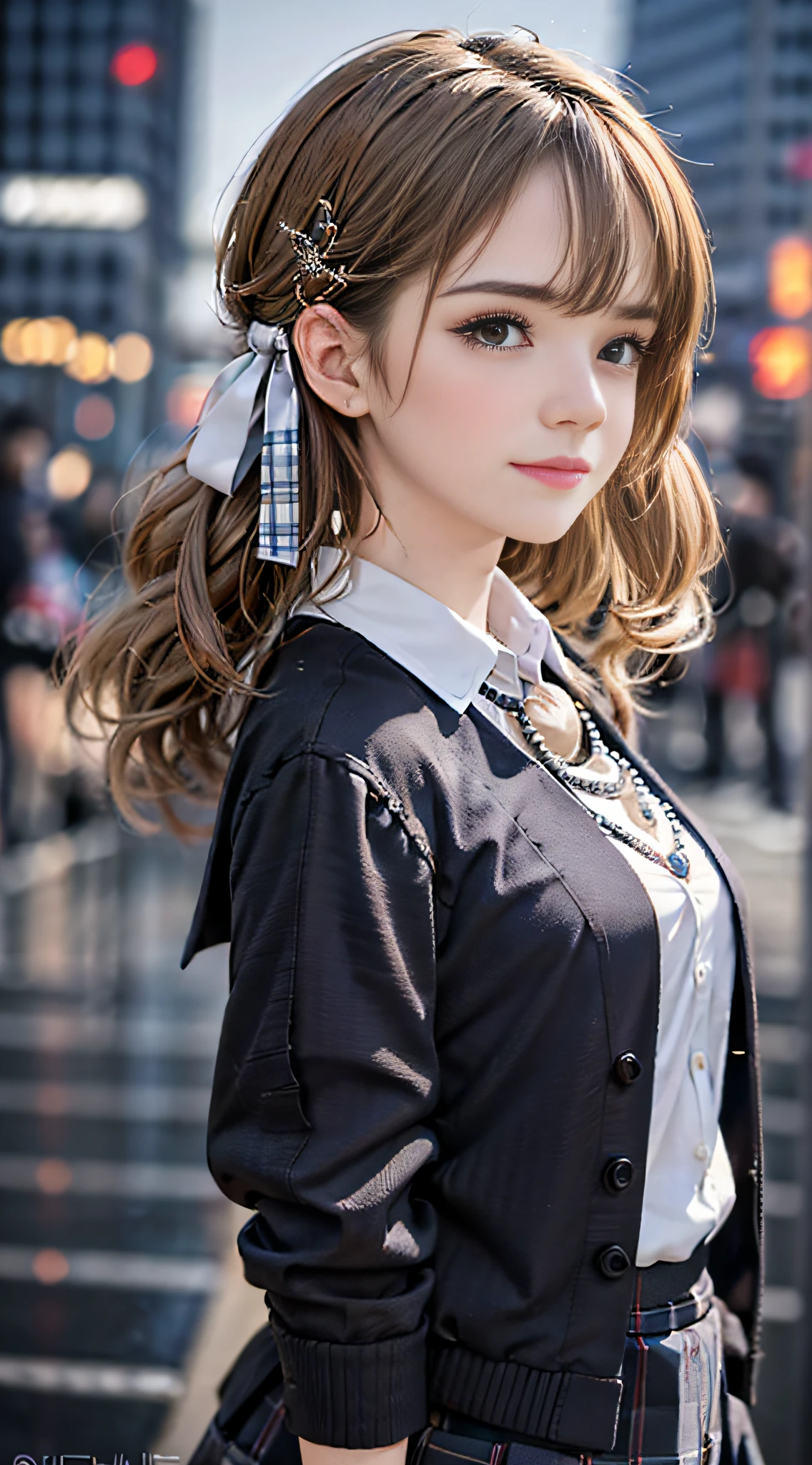(8k, best quality, masterpiece: 1.2), 1girl, hair ornament, portrait, (school uniform, plaid skirt: 1.1), necklace, blue nails, cute, cityscape, night, rain, wet, professional lighting, photon mapping, radio, body display,(adult female:1.3), (intricate details, taut clothes, hair accessories: 1.2),