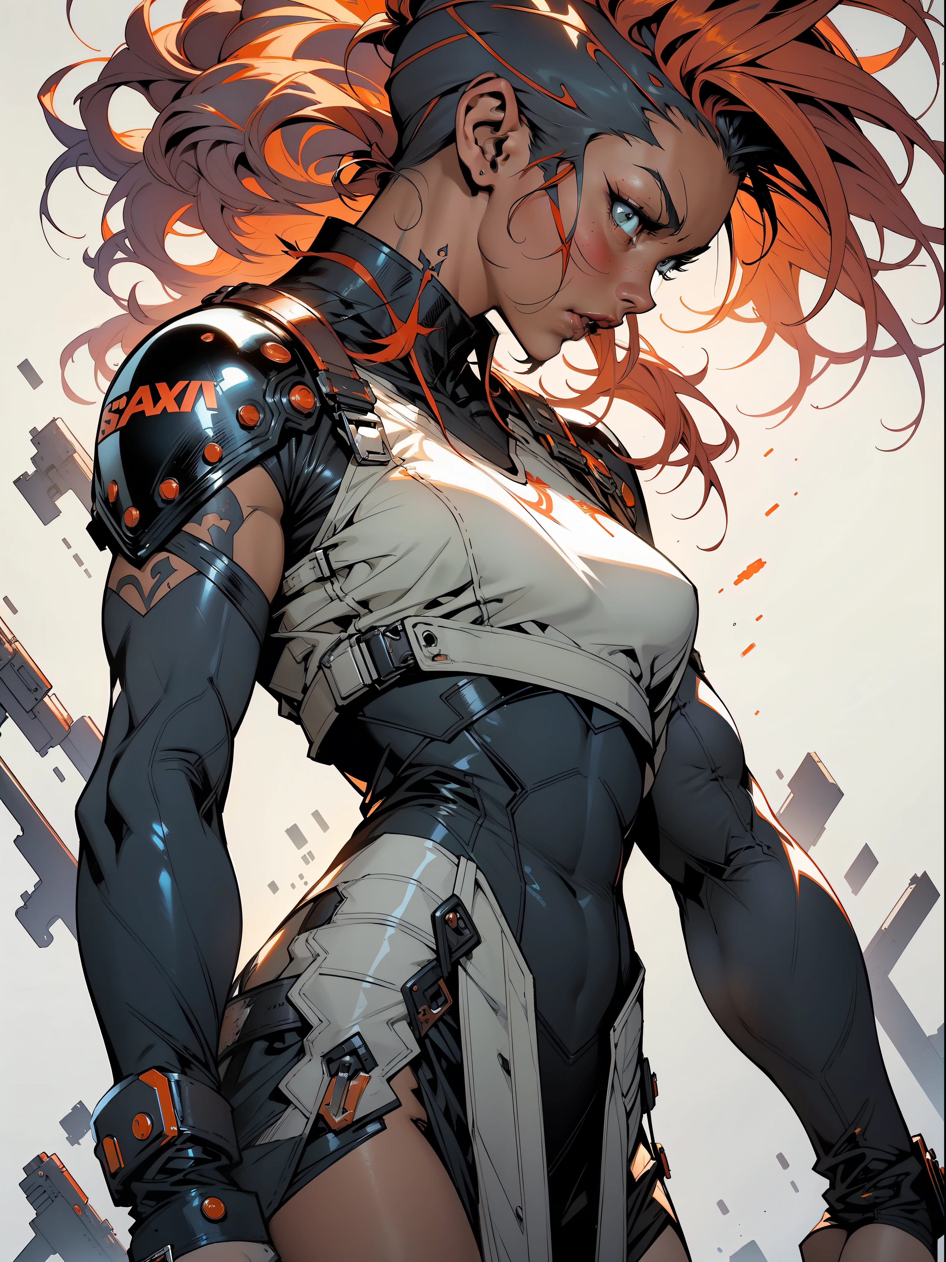 (((woman))), (((best quality))), (((masterpiece))), (((adult))), A muscular 35-year-old warrior woman nearly naked in Simon Bisley's urban savage style for the cover of Heavy Metal magazine, colorful mohawk hair, Minimal clothing, orange and blue carbon fiber armor full of ink-stained spikes and rivets,