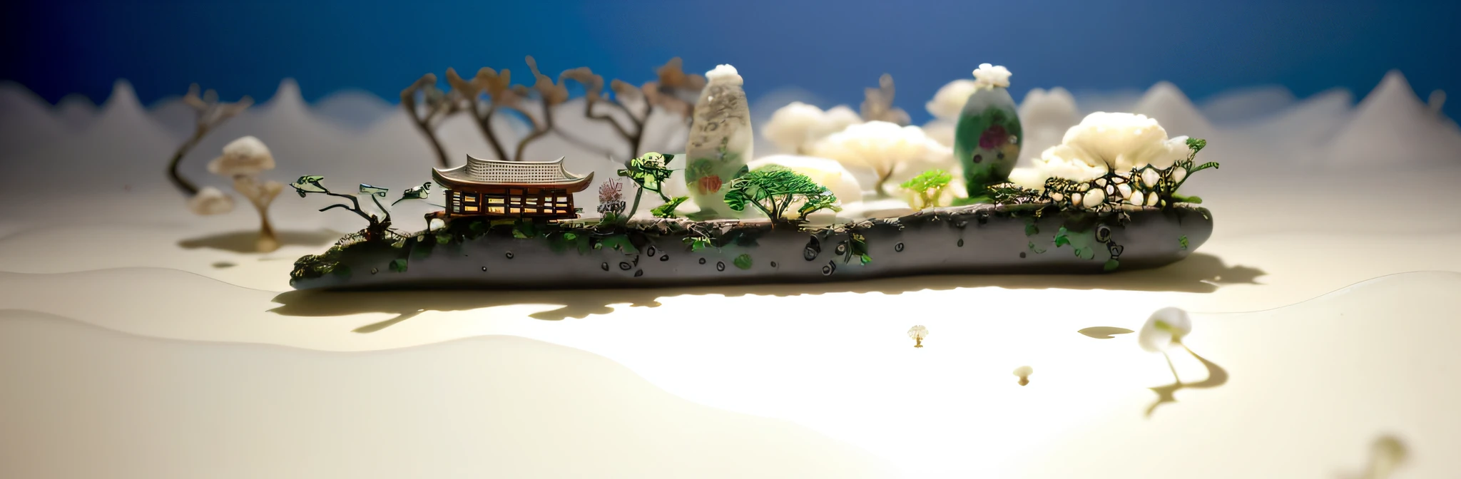 Scattered with 3,000-year-old organic Asian houses, ethereal 6,000-year-old begonia trees, diorama macro photography, lying in a white cloud wonderland, liquid clouds, emitting spore clouds, surreal water art, badly damaged walls, glowing flower-shaped clouds, slimy reflections