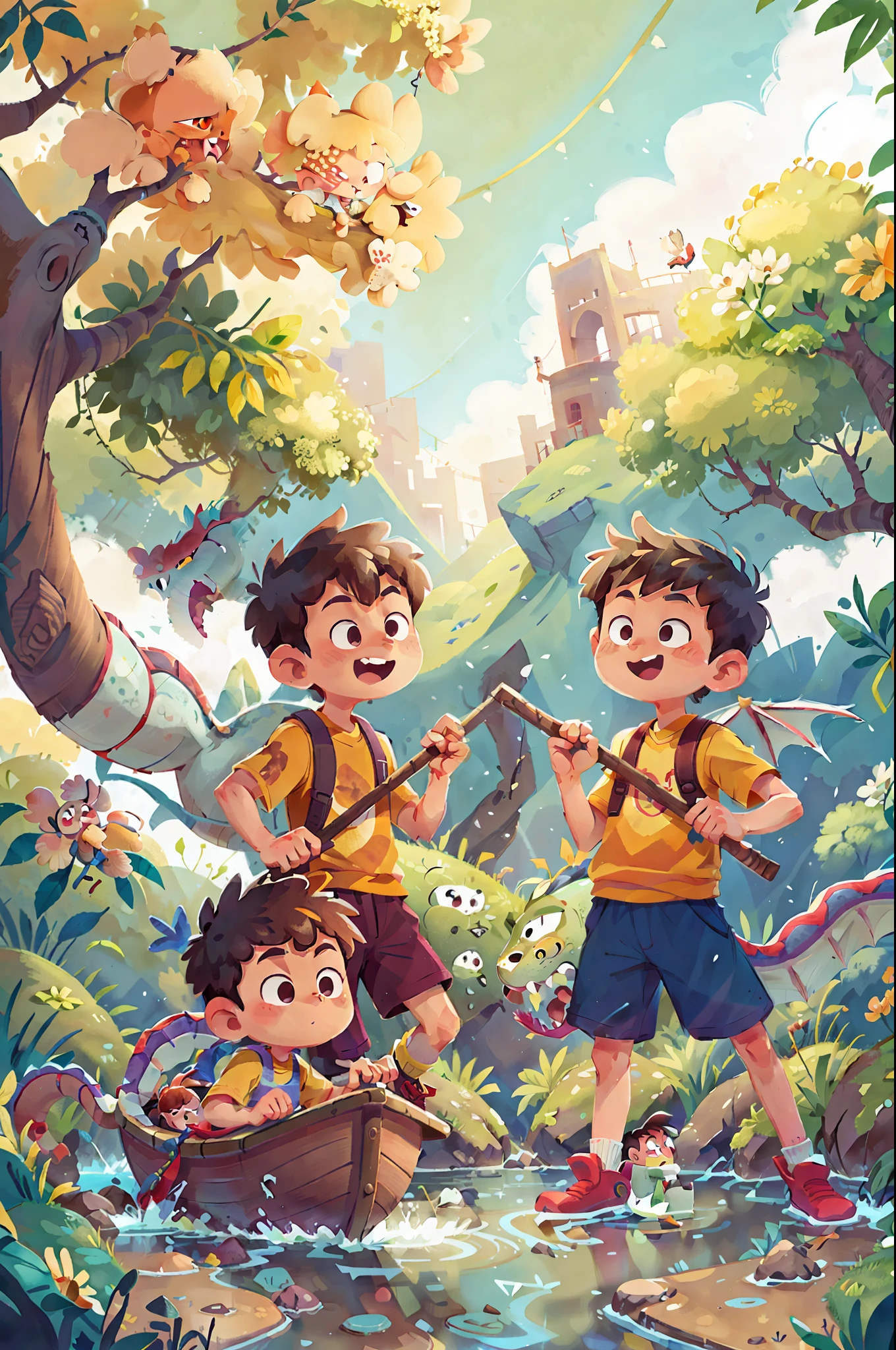 Poster design, (SFW), two rowing boys, Chinese dragon, spring outing, happy, background is a small river interspersed in Chinese street, perfect quality, clear focus, colorful, perfect face, intricate details, ultra-low viewing angle, wide angle lens