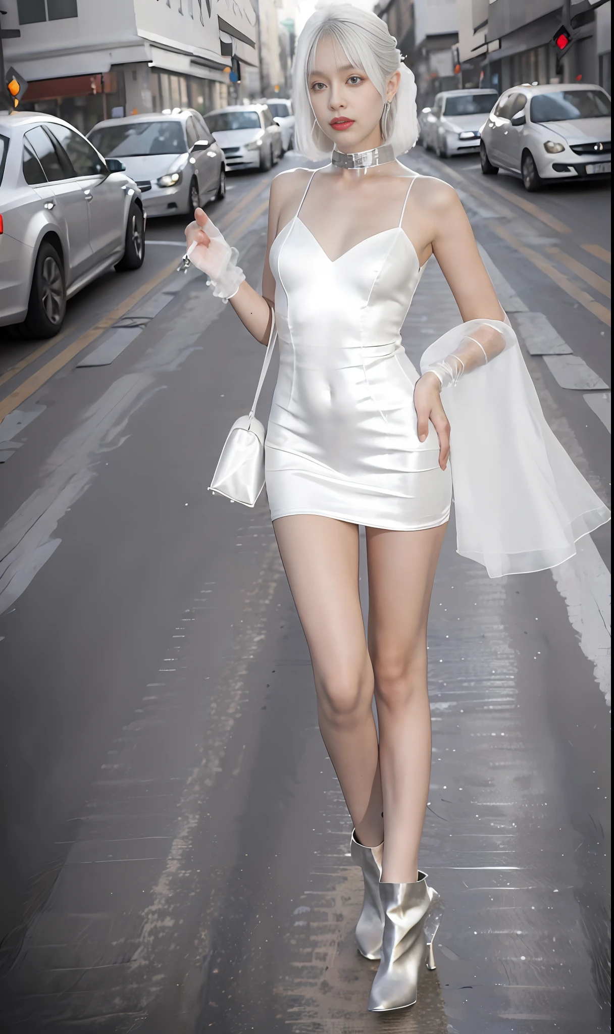 woman in a silver dress and boots standing on a sidewalk, white silky outfit, fancy silver dress, chrome outfit, white dress!! of silver hair, wearing silver dress, white cyborg fashion shot, white and silver, cyberpunk style outfit, wearing a wet white short dress, light dress, wearing heels and white dress, futuristic look, futuristic clothes, wearing futuristic, shiny silver