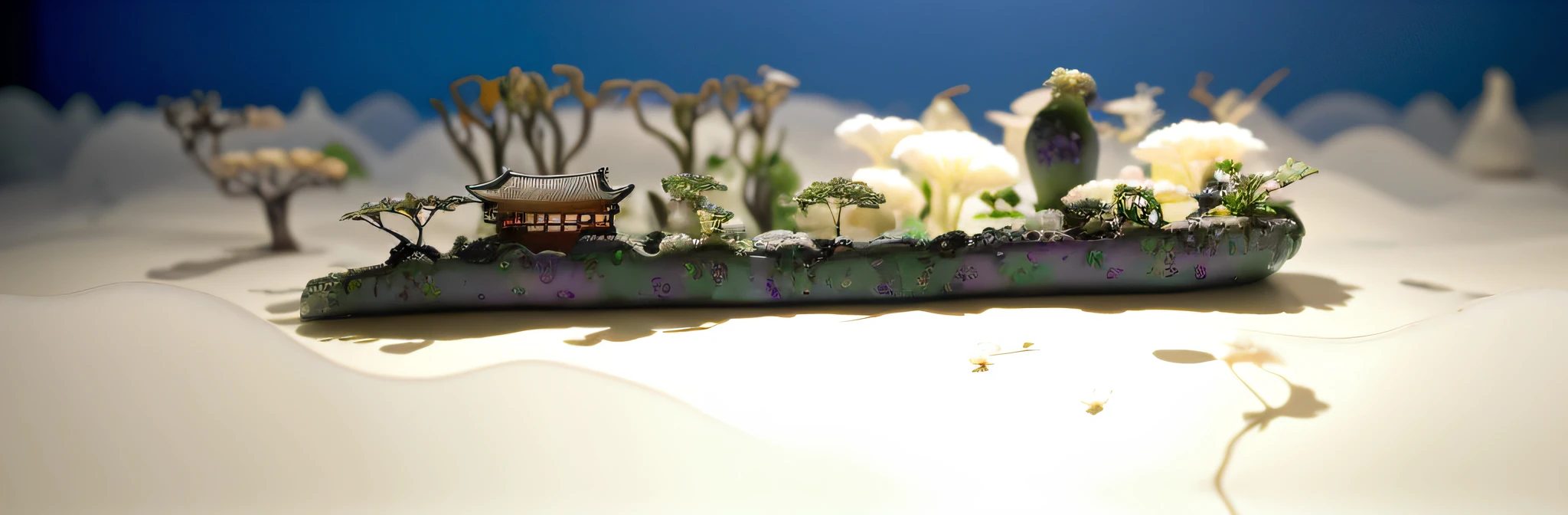 Scattered with 3,000-year-old organic Asian houses, ethereal 6,000-year-old begonia trees, diorama macro photography, lying in a white cloud wonderland, liquid clouds, emitting spore clouds, surreal water art, badly damaged walls, glowing flower-shaped clouds, slimy reflections