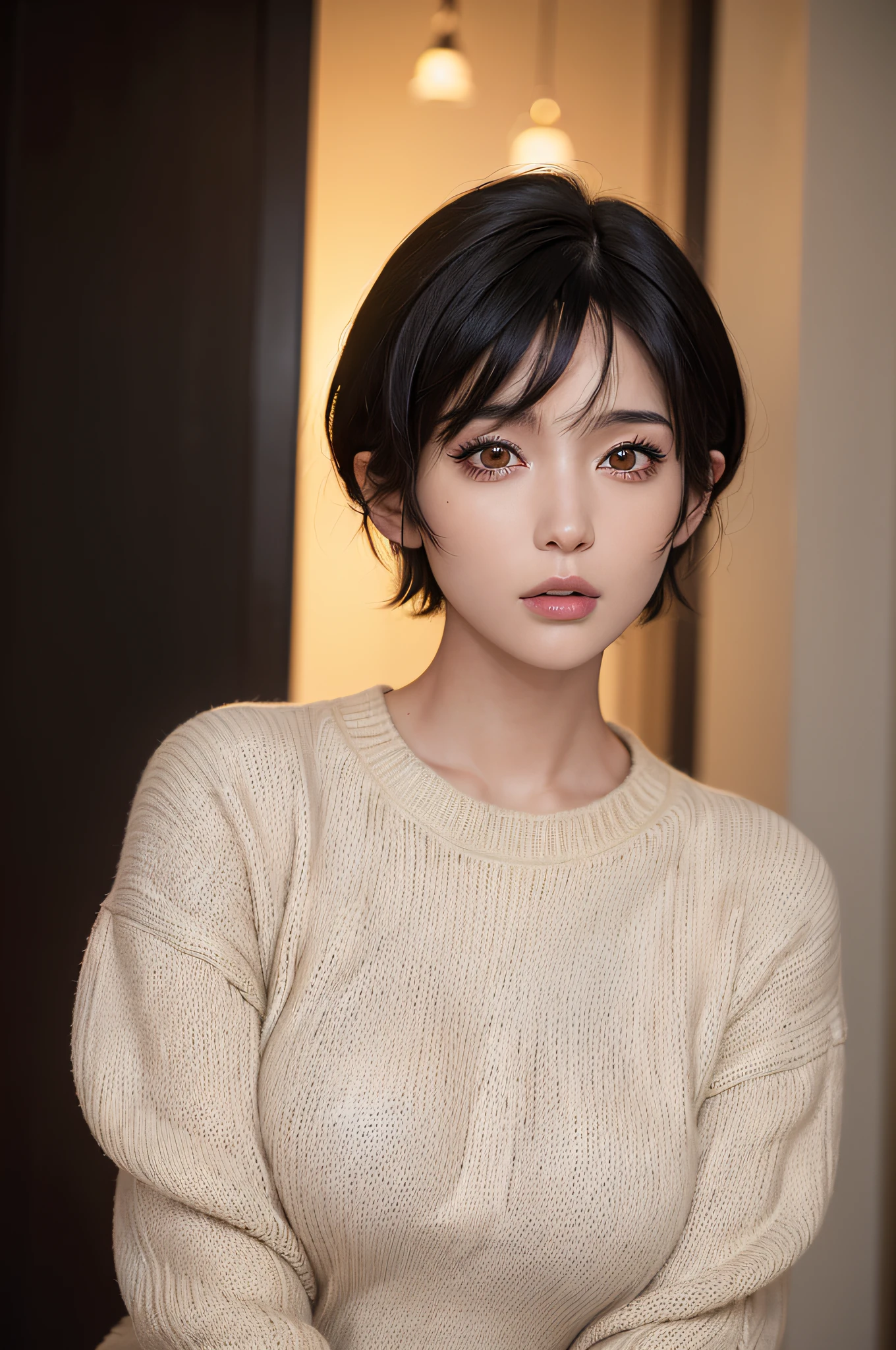 (masterpiece:1.3), (8k, photorealistic, RAW photo, best quality: 1.4), (1girl), beautiful face, (realistic face), (black hair, short hair:1.3), beautiful hairstyle, realistic eyes, beautiful detailed eyes, (realistic skin), beautiful skin, (sweater), absurdres, attractive, ultra high res, ultra realistic, highly detailed, golden ratio