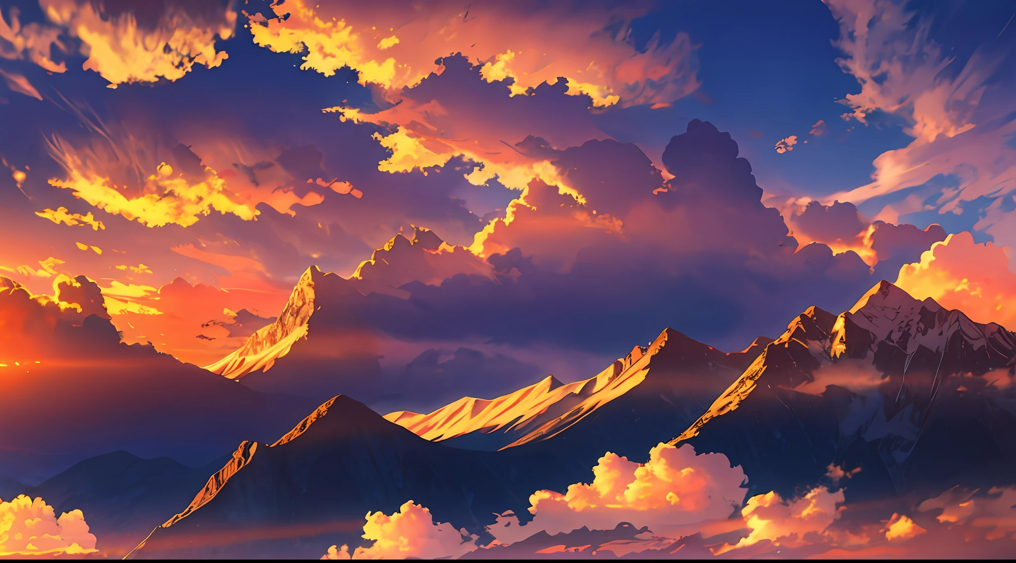 Sunset, clouds, mountains