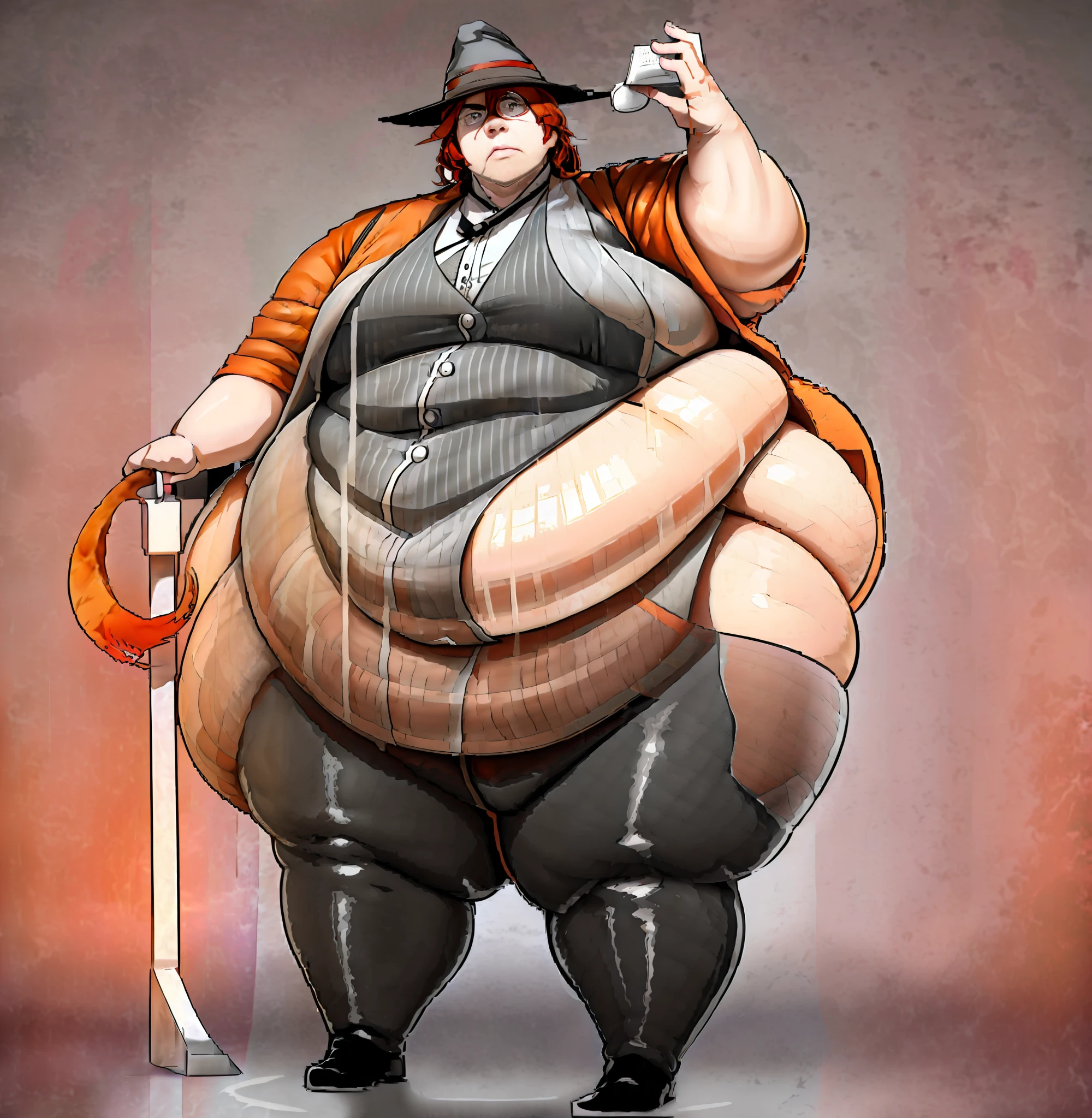 a anime drawing of a fat man with a whip in his  hand, thicc, full body portrait of , fullbody commission for, thicc build, commission for high res, thick black lineart, he , cel shaded!!!, oc commission, full body!, ((handsome)) full body close-up shot Single Subject!!, background ((Yokohama )) . Morbily obese!! ( super large,Fat, round, belly)), ,(( large double wide hips)), ((large fat butt), (( large ,thick, fat thighs)) , Proportionally large and fat arms and Legs!!, large Fat breast, fat chubby cheeks, Fat face, multiple chins, , masterpiece!!, full body!! , Expression(angry, frowning) pose(running , legs Spread out ), Effects ( clothes Ripping , Red Aura) , anime, (Male) , handsome, (Chuuya Nakahara from Bungou Stray dogs), ((medium length, Messy orange hair )),(( fox like Grey eyes)) , ((Grey vest,white shirt, black jacket  oves the shoulder, Black fedora)), pale Skin