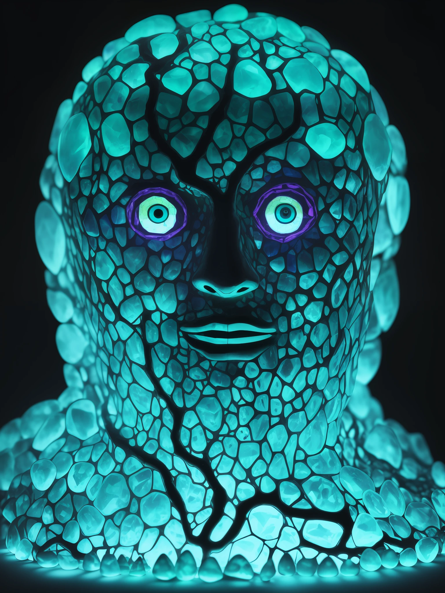 Portrait of Golem made of marbles, translucent, with visible circulatory system made by purple ans cyan neons. Fragmented rugged surface, scary, lifeless eyes, expressionless face, illuminated by inner neos and backlight sunlight through the trees. Forest as background. Tenebrism. Highy defined, intrincate.