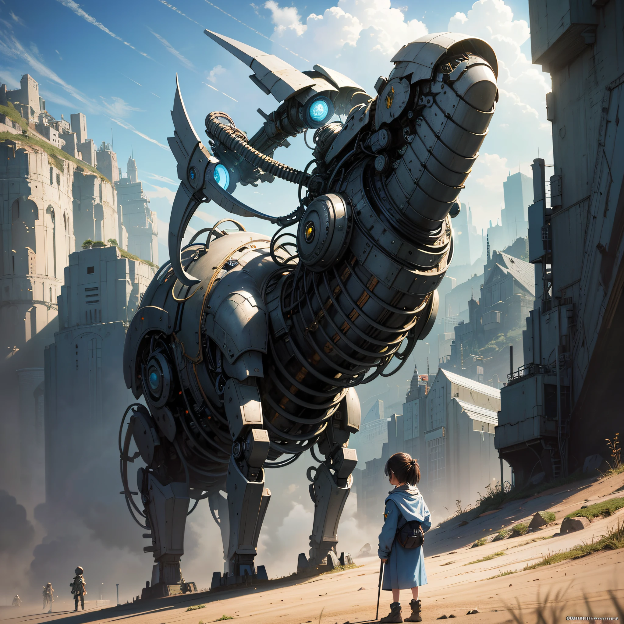 A highly detailed matte painting of a child on a hill watching a giant alien alien robot, by Makoto Shinkai, by Artgerm, by WLOP, by Greg Rutkowski, volumetric lighting, octane rendering, 4K resolution, trend in ArtStation, Masterpiece --auto --s2