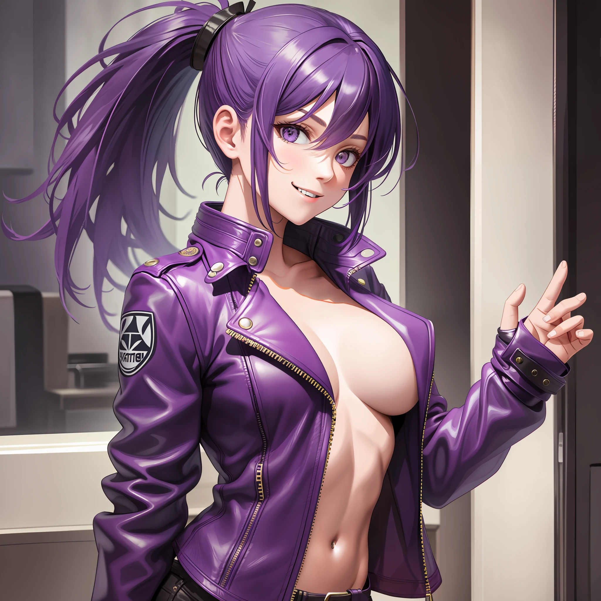 Naked Leather Jacket Girl Big Ponytail Purple Hair Smile Best Quality Masterpiece