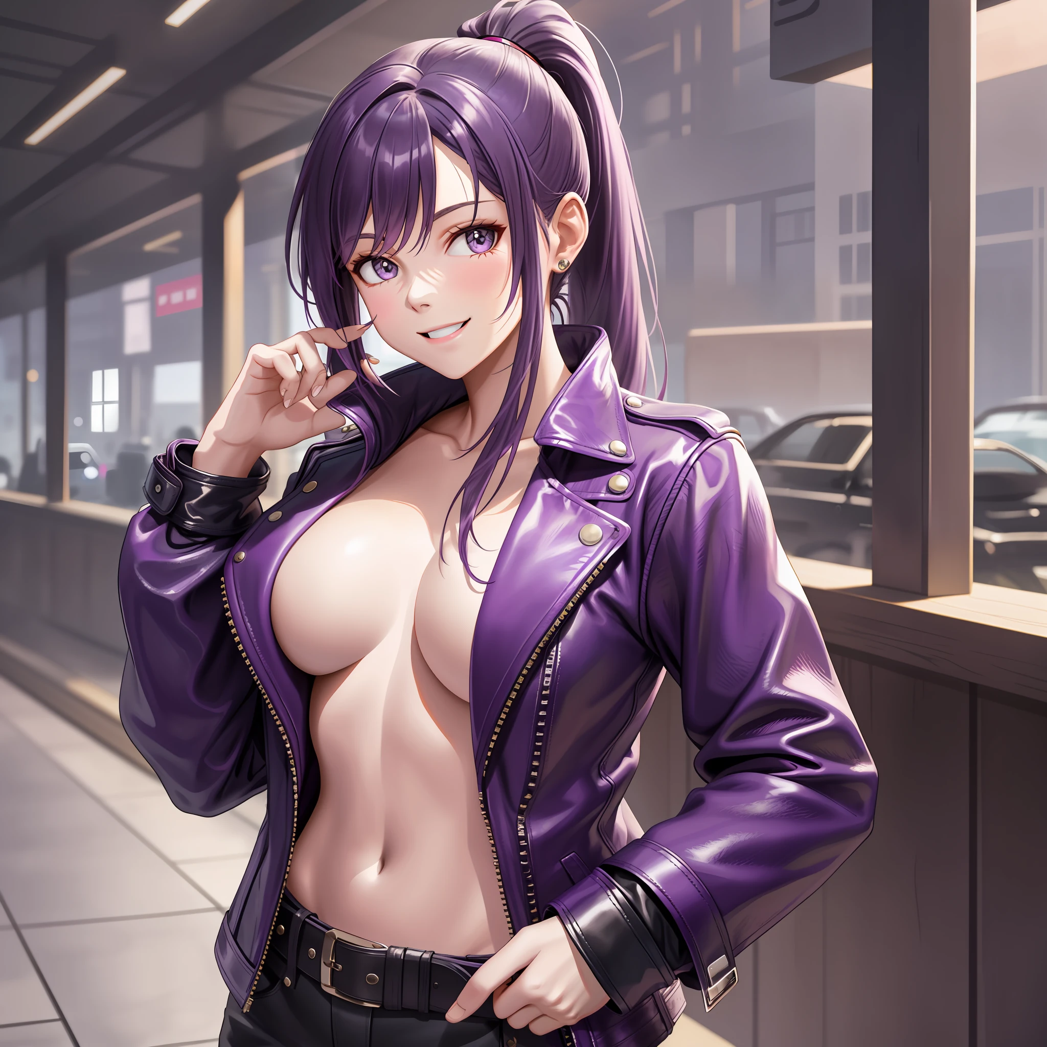 Naked Leather Jacket Girl Big Ponytail Purple Hair Smile Best Quality Masterpiece