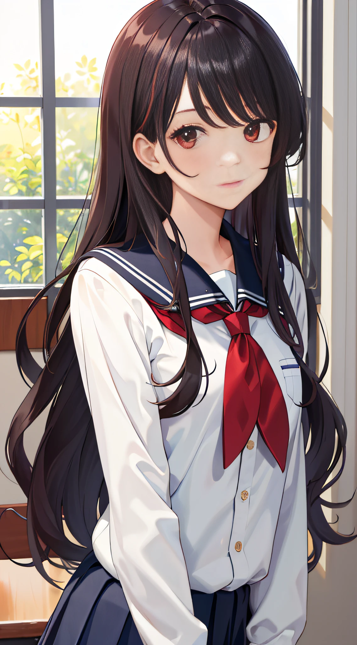 (masterpiece, best quality:1.2), looking at viewer, school uniform, (wavy hair:0.8), long hair, red eyes, upper body,