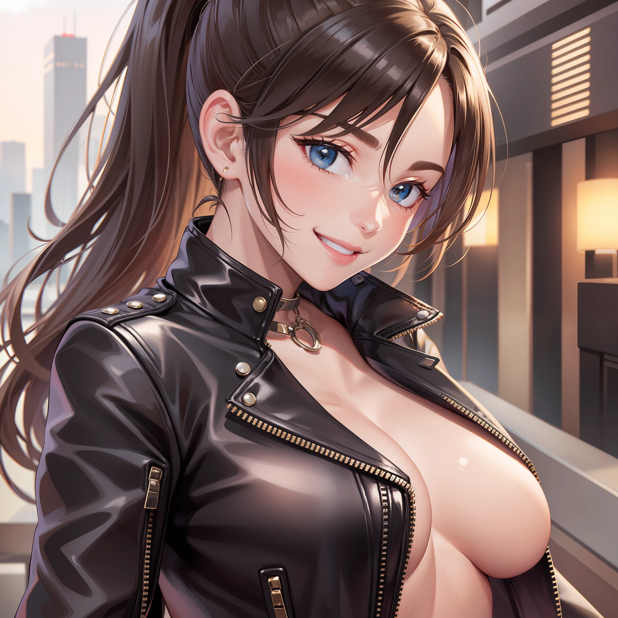 Naked Leather Jacket Girl Big Ponytail Smile Top Quality Masterpiece