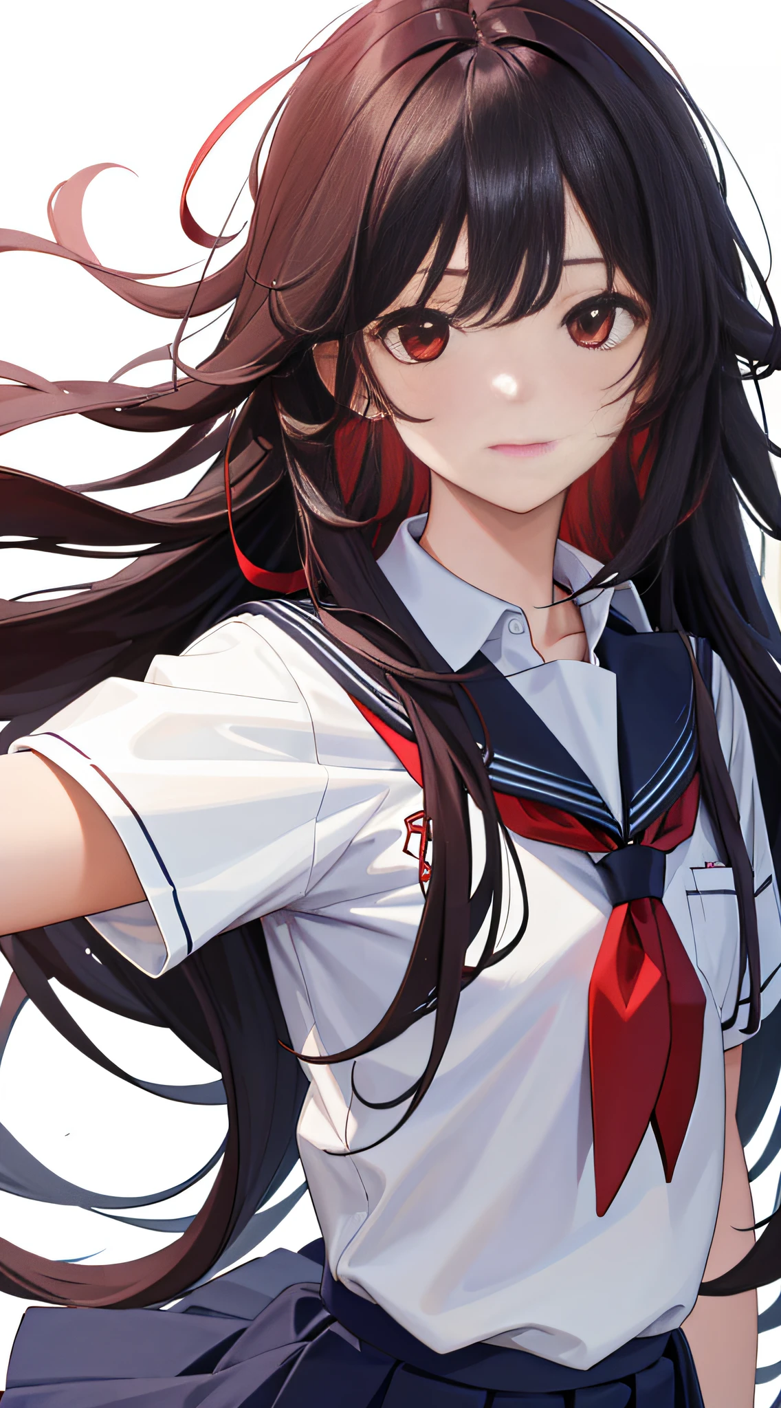 (masterpiece, best quality:1.2), looking at viewer, school uniform, (wavy hair:0.8), long hair, red eyes, upper body,
