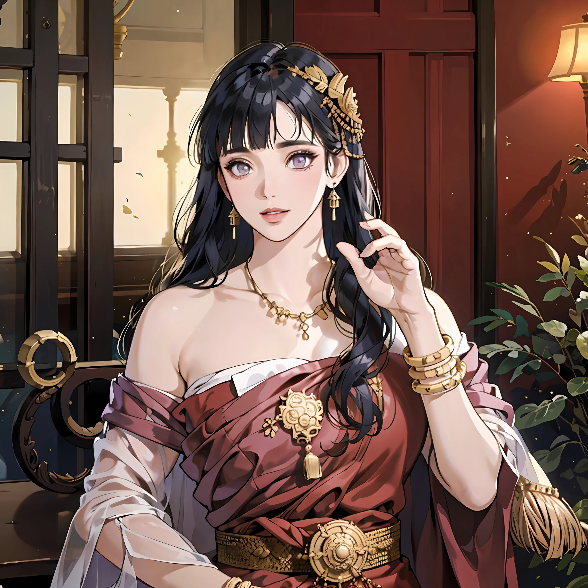 detailed face, detailed eyes, shiny skin, 
(extremely detailed 8k wallpaper),(8k, RAW photo, HDR, absurdres:1.2,best quality, masterpiece:1.2), (realistic, photo-realistic:1.37),best quality, realistic, photorealistic,ultra detailed,extremely detailed face,BRIGHT LIGHT,ultrawide shot, 8k uhd, dslr, soft lighting, high quality, film grain, Fujifilm XT3
tradition gold body strap,
            red sabai dress,
            thai  traditional necklace,
            thai  traditional bracelets,
            thai  traditional belt,
            thai  traditional earring,
strapless thai  traditional dress,
temple,indoor,Statue of Buddha, ((blunt bangs)), dardark blue hair, purple eyes, long hair, detailed face