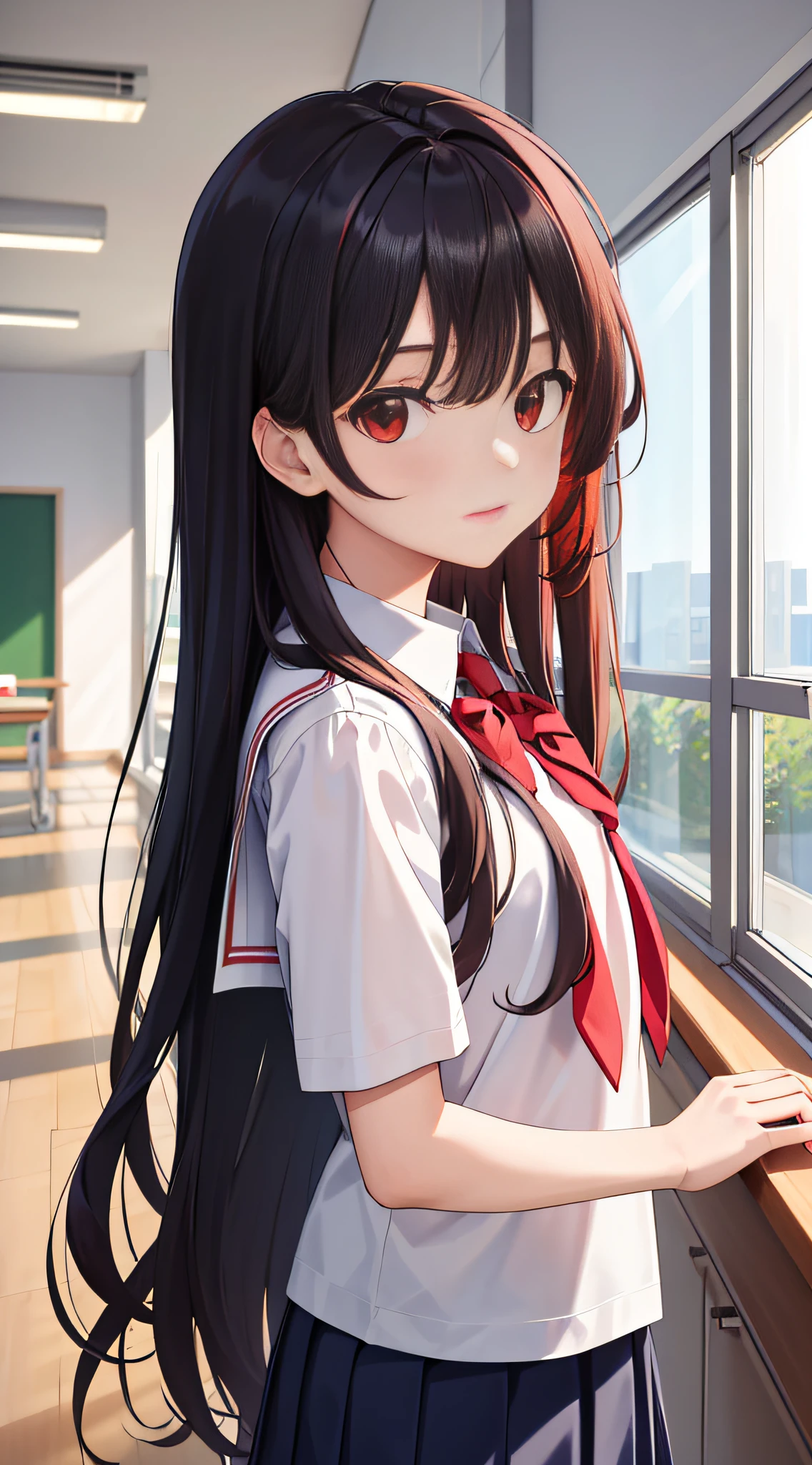 (masterpiece, best quality:1.2), looking at viewer, school uniform, (wavy hair:0.8), long hair, red eyes, upper body,