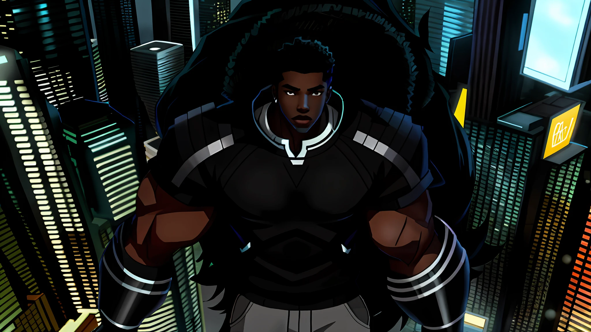 2d character, black boy, long and huge muscular arms, super powerful arms, modern clothes, wearing a sweatshirt, picture background is a city, black boy, young, short hair, super strong
