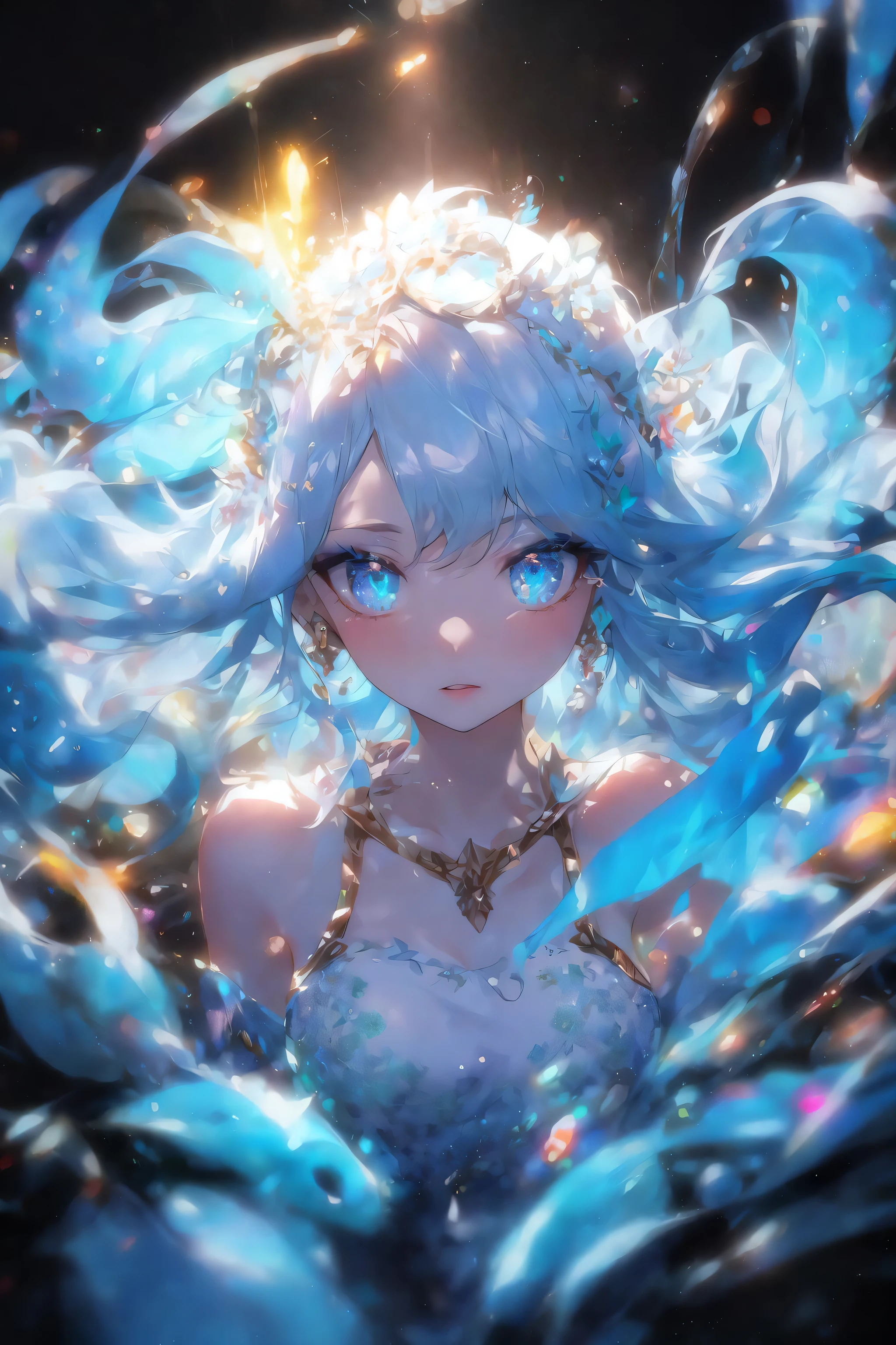 (Masterpiece:1.2), best quality, (illustration:1.2),(Masterfully crafted Glow, lens flare), (ultra-detailed), hyper details, (delicate detailed), (intricate details), (cinematic light, best quality Backlights), clear line, solo female, solo female, perfect body, (1girl), (bioluminescent hair:1.2), (glowing eyes), (Dynamic:1.2), ((makeup)), high contrast, (best illumination, an extremely delicate and beautiful), ((cinematic light)), colourful, powerful, (Cinematic masterpiece), Stick figure, splashes of colour, absolutely eye-catching, ((colourful paint splashes on background, dulux,)), ((caustic)), dynamic angle, beautiful detailed smoke, (Captivating),(Intricately Detailed Cinematic background:1.1), ambient occlusion, ambient light, ray-traced reflections, gem, sparkle, radiant aura, glowing hair