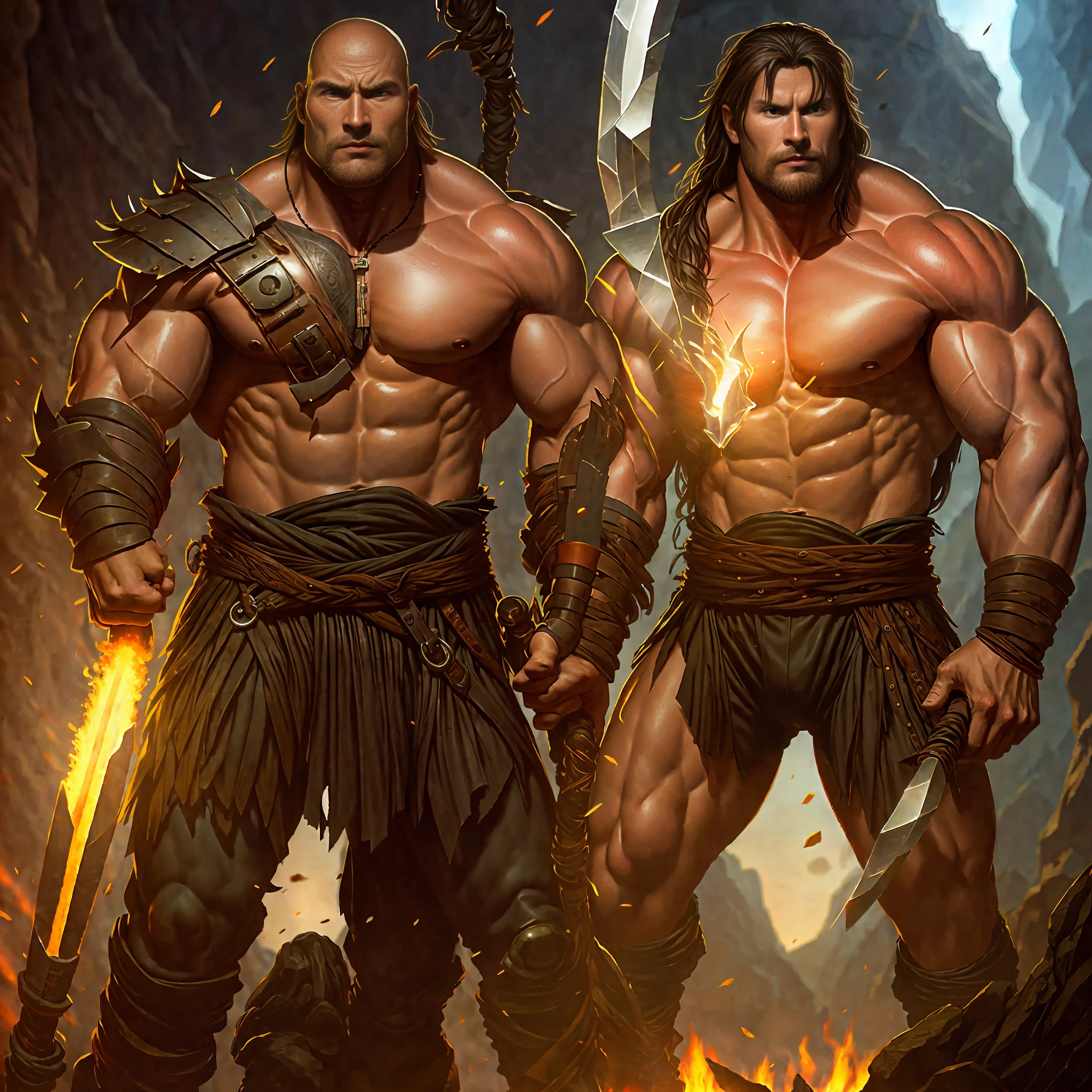 Chris Hemsworth, arafed man with a spear and a sword in a cave, barbarian, male barbarian, barbarian class, barbarian warrior, epic fantasy character art, male warrior, barbarian celebrate his birthday, inspired by Ryan Barger, image of an adult male warrior, fantasy art tyler edlin, goliath, barbarian goliath dressed in fur, muscular male hero,  Conan, the barbarian illustration, berserker