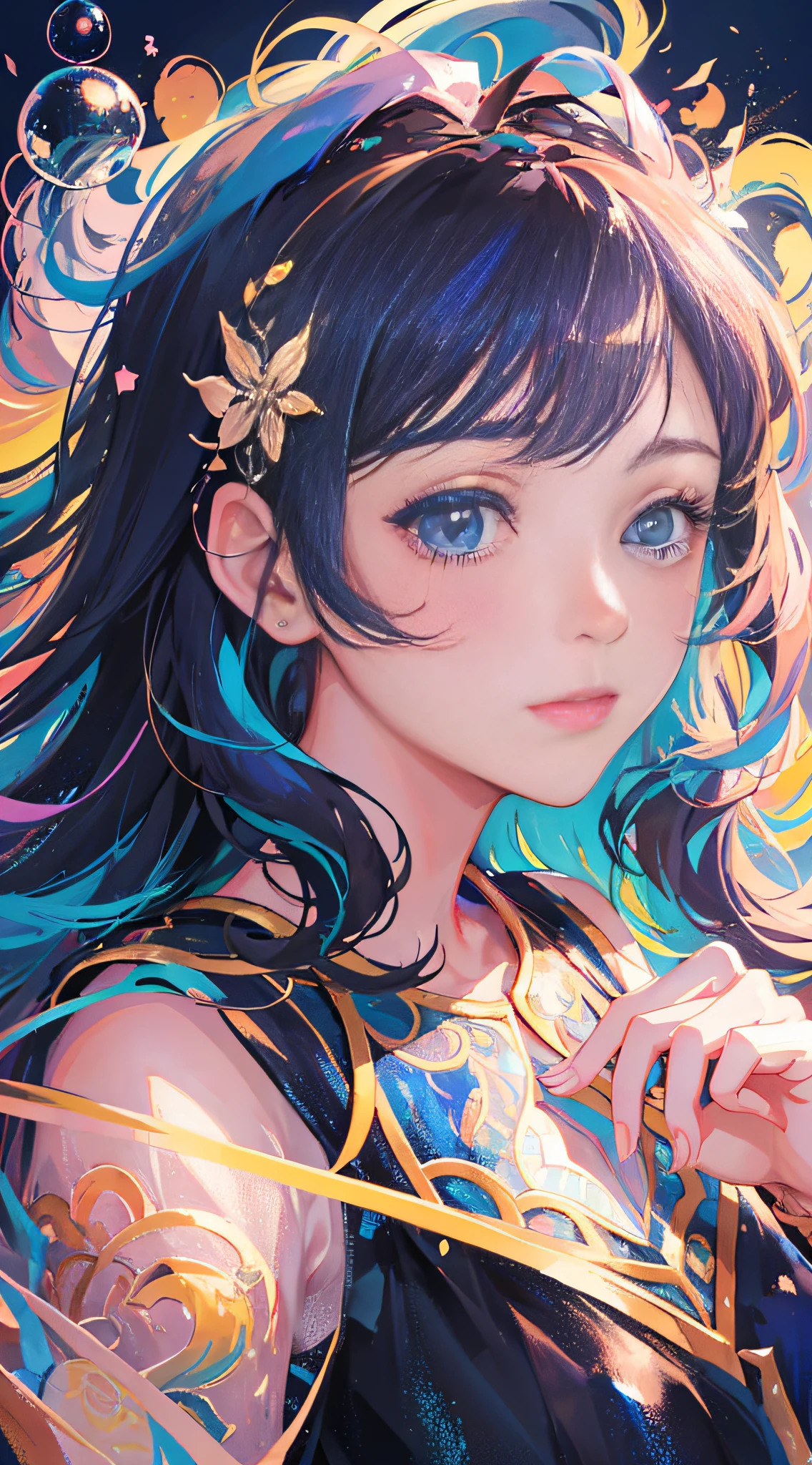 (masterpiece:1.1), (best quality:1.1), highly detailed, {highres}, {an extremely delicate and beautiful},(ultra detailed),(disheveled hair),(illustration),(dynamic angle), (1girl), (Fashionable clothing), standing,Fashion model,looking at viewer, (interview), (simple background),beautifuldetailedeyes,delicate beautiful face,Floating,(high saturation),(colorful splashes),colorful bubble,(shining),(beautifuldetailed Light and shadow) ,