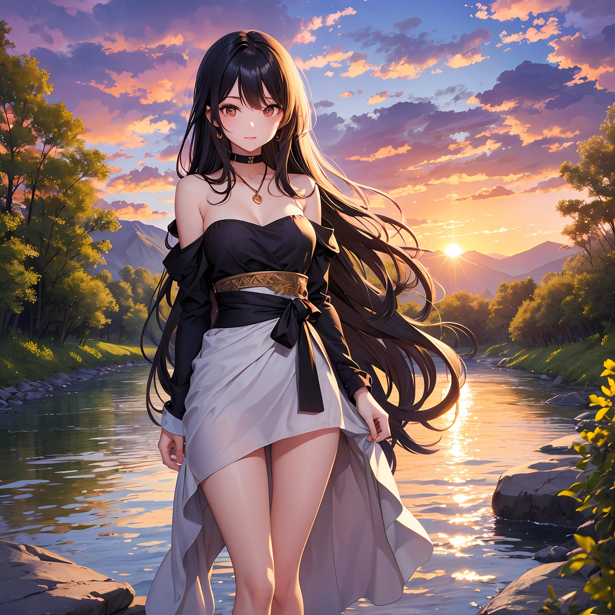 Long hair and waist, skinny little woman, sunset, by the river --auto --s2